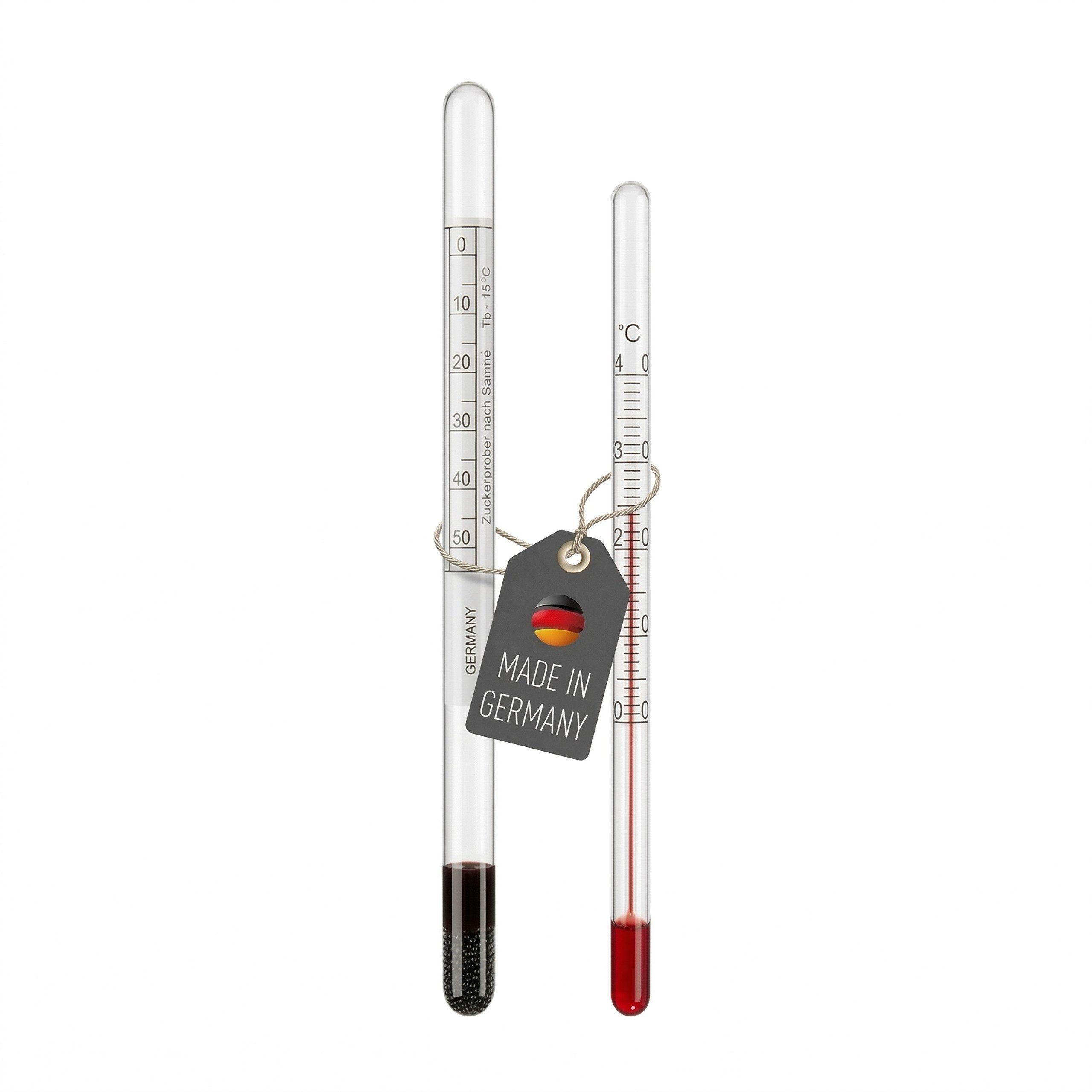 Lantelme Kochthermometer Zuckermesser Set mit Saccharometer und Glas Thermometer 0–50° Baumé, 2-tlg., Zuckerwaage ist 17cm lang 0–50° Bé mit Glasthermometer 11,5cm 0-40°C, Ideal für Speiseeis Sorbet Pralinen Likörpralinen Sirup Likör