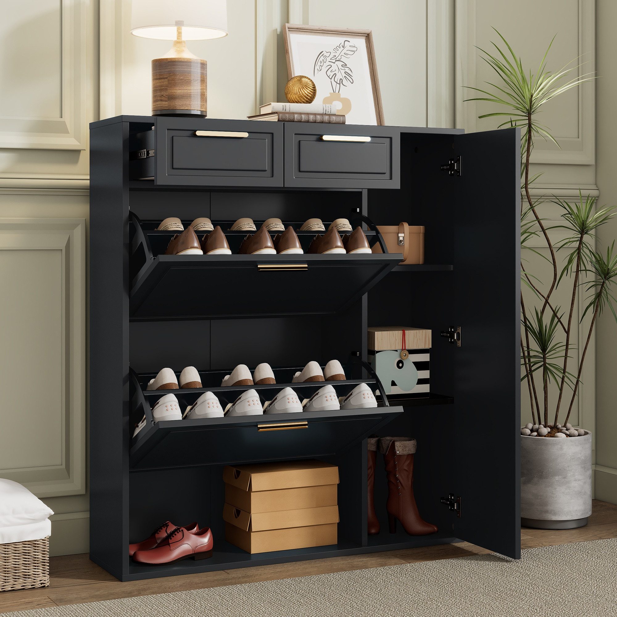 IDEASY Schuhschrank Schuhschrank Schwarz verstellbar Schubladen Klappfach Tür Goldgriff