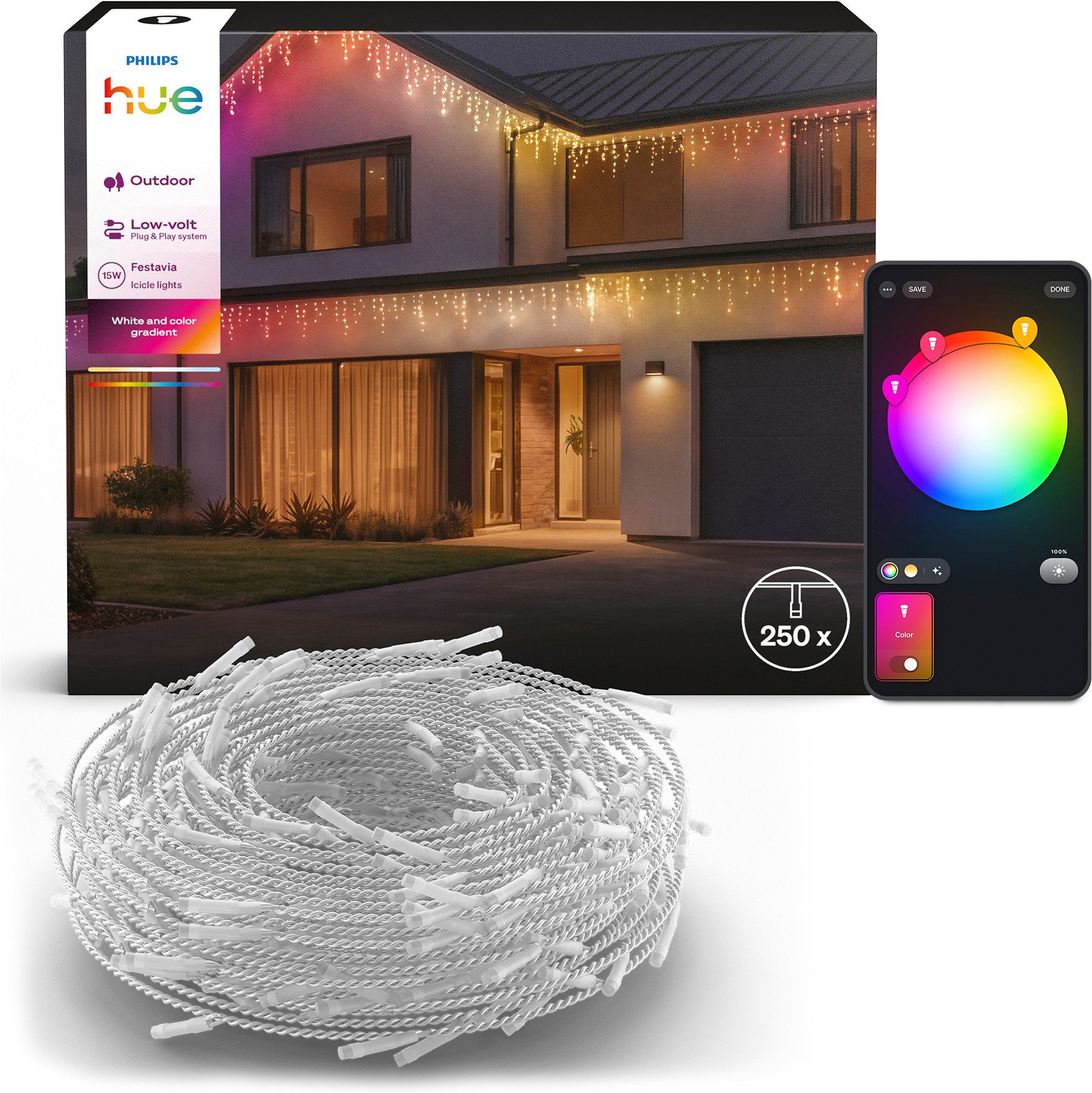 Philips Hue LED-Lichterkette Festavia White & Color Ambiance, 250 LEDs, 8,5 m, 250-flammig, Musiksync, dynamische Effekte, innen & außen, App-Steuerung