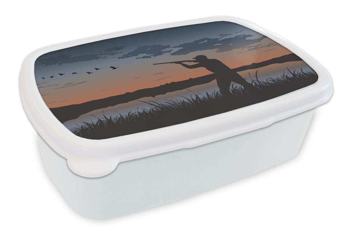 MuchoWow Lunchbox Eine Illustration eines Entenjägers bei Sonnenuntergang, Kunststoff, (2-tlg), Brotbox für Kinder und Erwachsene, Brotdose, für Jungs und Mädchen weiß