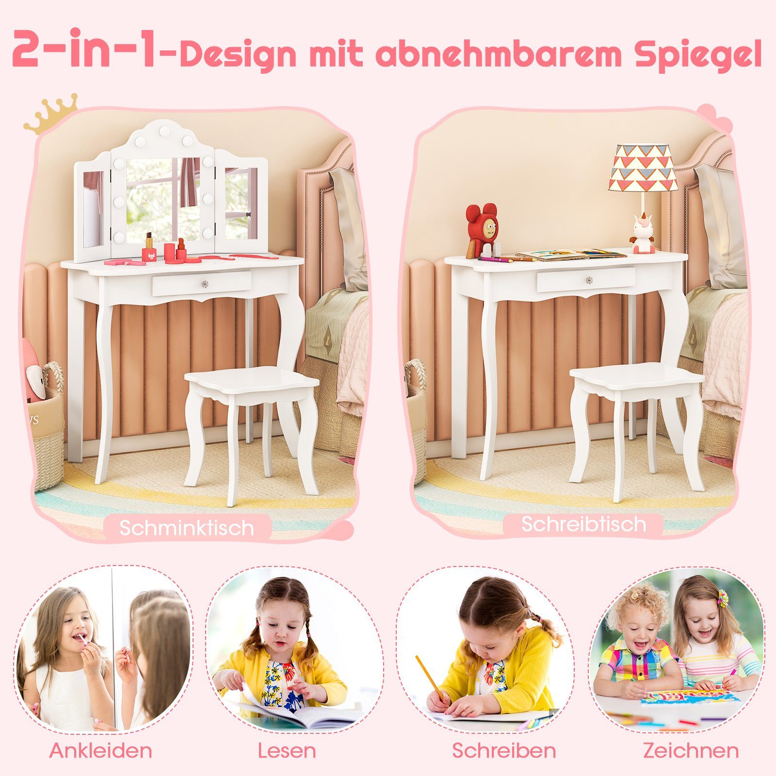 COSTWAY Schminktisch Kinder Schminktisch Set, einstellbare LED Beleuchtung – Bild 4 von 5