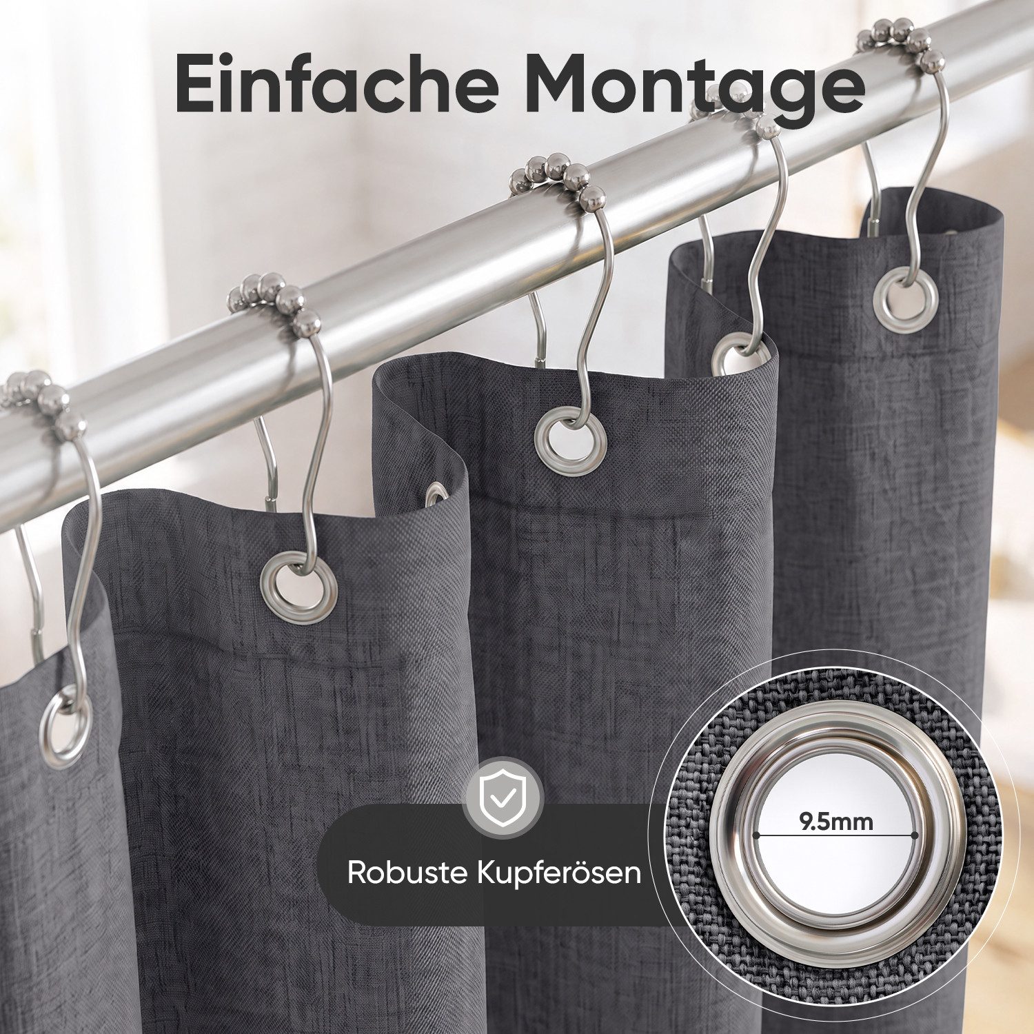 Sekey Duschvorhang Textil Duschvorhang Wannenvorhang Waschbar wasserabweisend mit Ringe Breite 180 cm (Packung, inkl. 12 Ringe), Badewannenvorh, 100% Polyester, – Bild 5 von 5