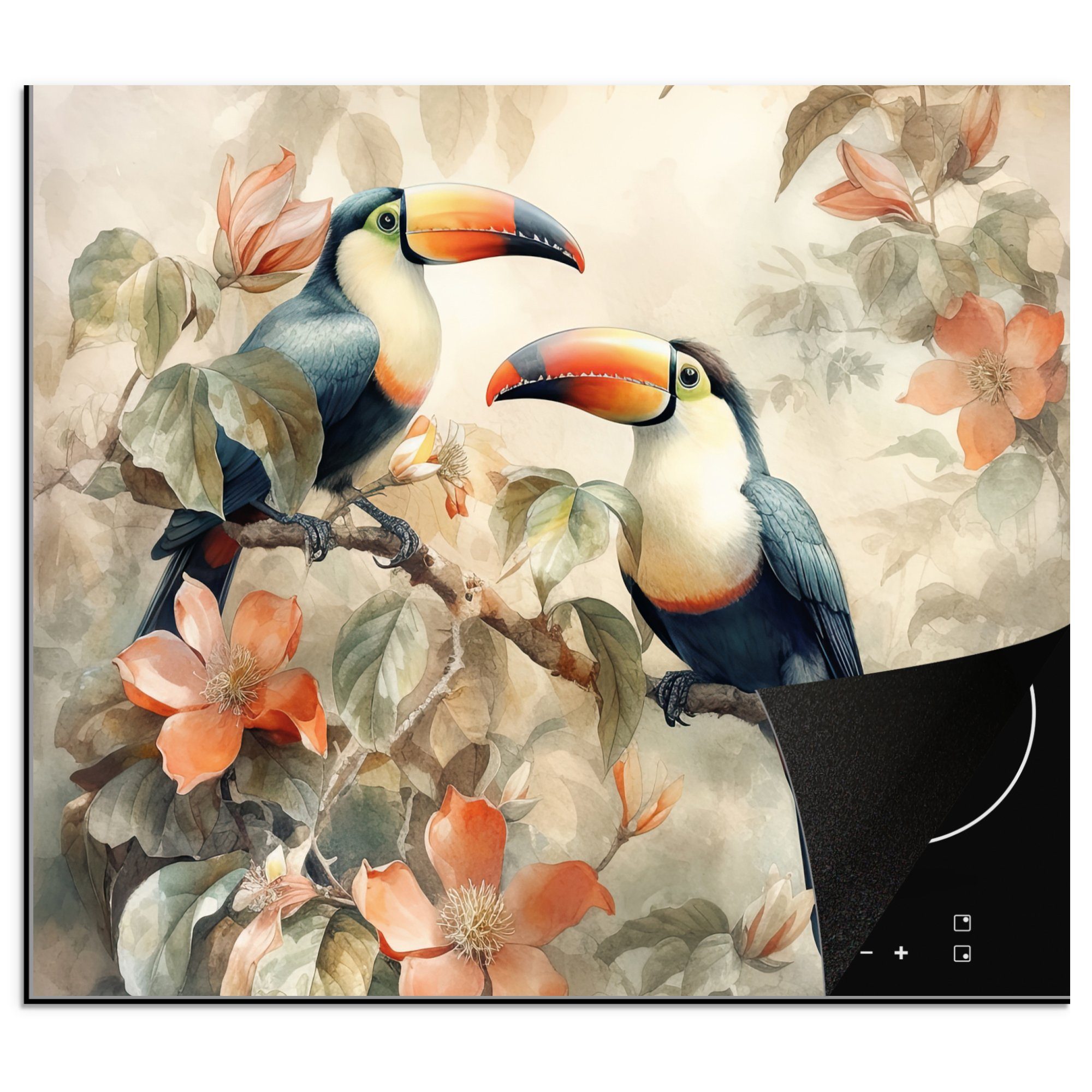 MuchoWow Herdblende-/Abdeckplatte Tukan - Vögel - Blumen - Zweig, Vinyl, (1 tlg), 60x52 cm, Mobile Arbeitsfläche nutzbar, Ceranfeldabdeckung