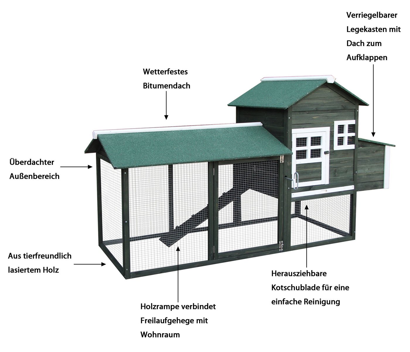 Thumbnail - Dehner Hühnerstall Happy Hen mit Freilaufgehege, hochwertiger Holzstall mit Bitumendach, Kot-Schublade und Legekasten