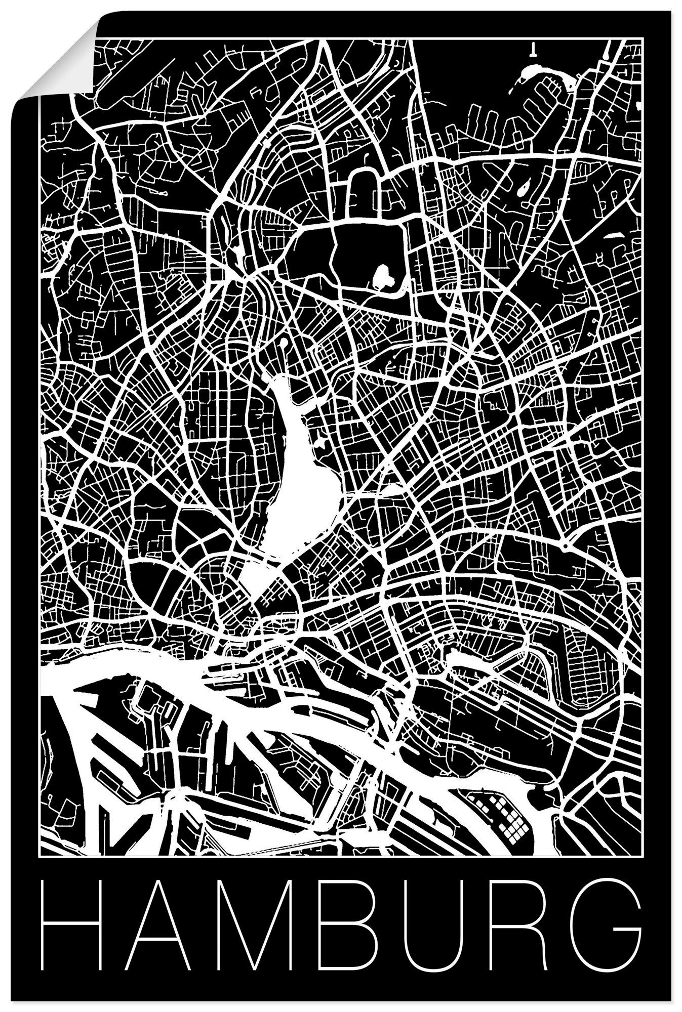 als Karte Artland Wandaufkleber Poster Alubild, oder versch. Deutschland Deutschland Hamburg Retro Wandbild Schwarz, St), Größen Leinwandbild, (1 in