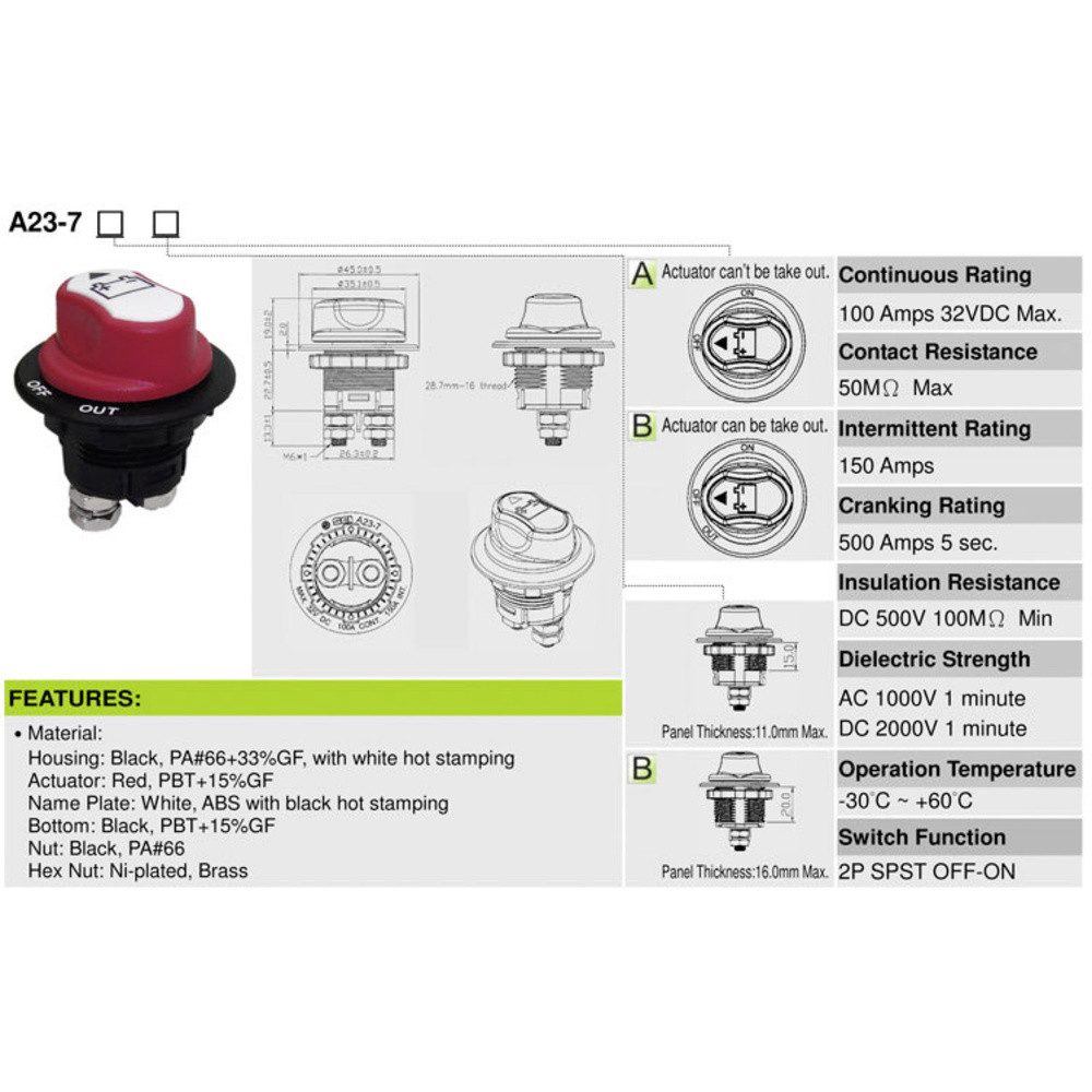 SCI Kfz-Relais SCI A23-7B Kfz-Batterieschalter 32 V/DC 100 A 1 x Aus/Ein rastend 1 S, (A23-7B)