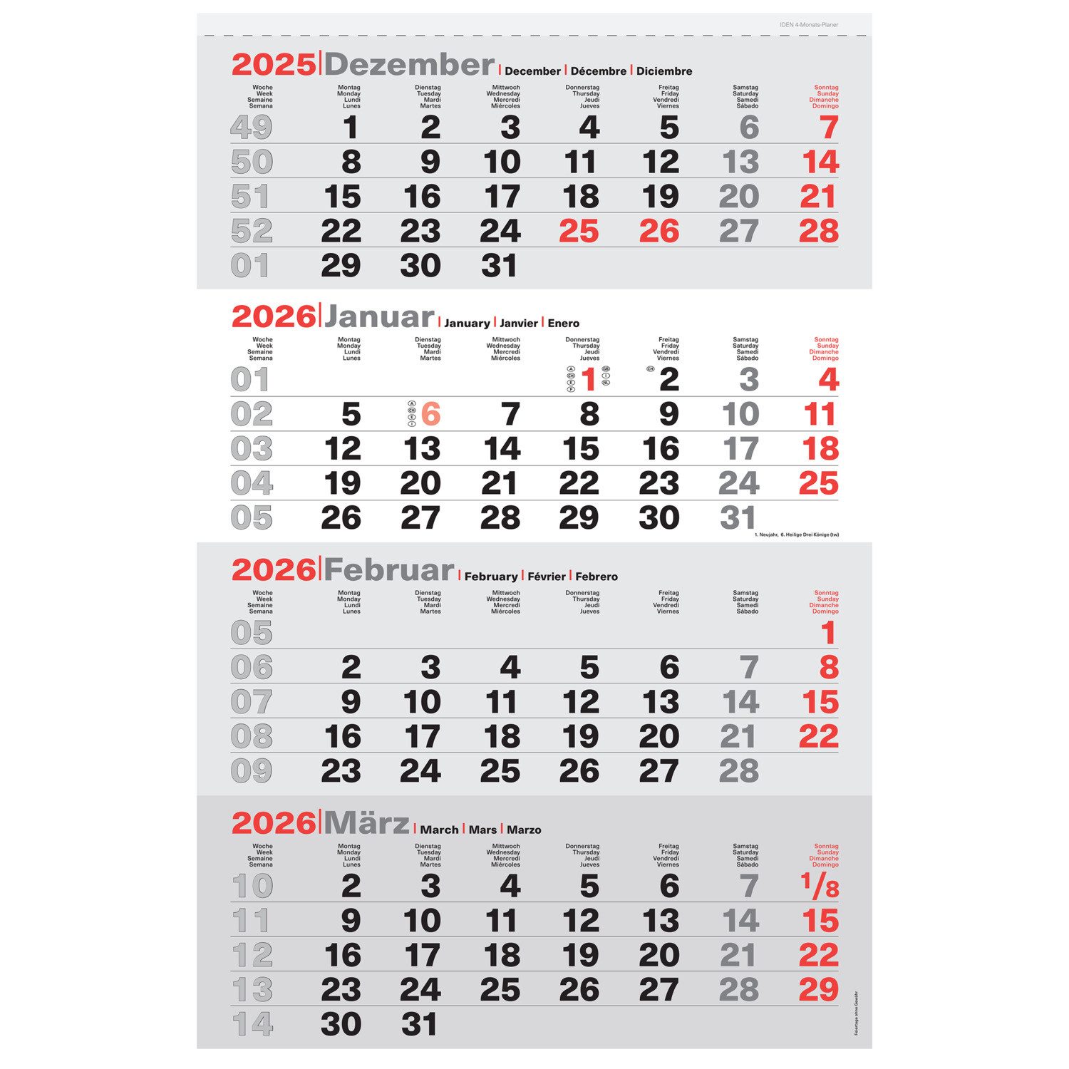 Idena Monatskalender Idena 12072 4-Monatskalender 2026 30x60cm