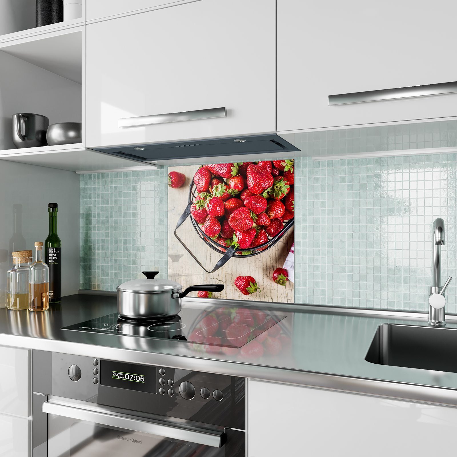 Erdbeeeren mit Motiv Primedeco Küchenrückwand Küchenrückwand Spritzschutz im Topf Glas