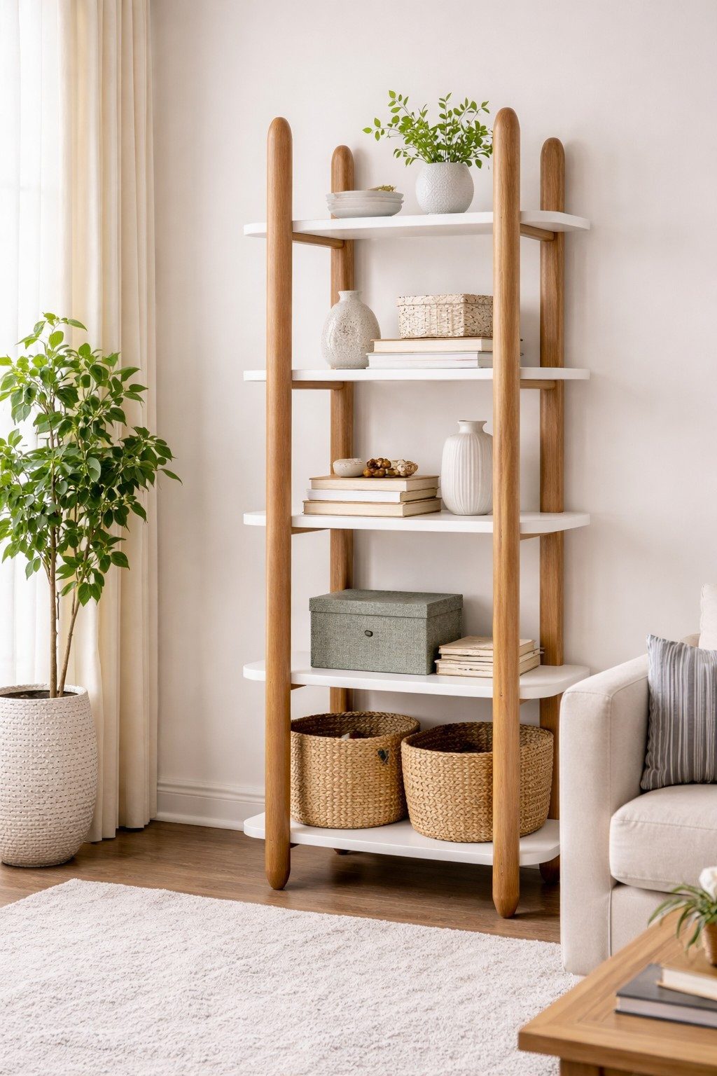 Xlmoebel Bücherwand Designer Bücherregal in Weiß und Braun mit 5 Holzregalen, Bücherregal 1-tlg., Made in Europa