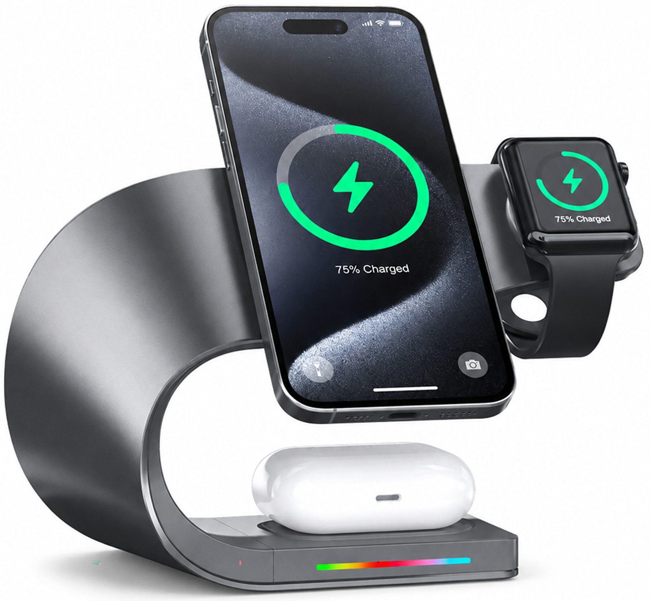 Fyrove 4-in-1 Wireless Charger, 15W, MagSafe, für iPhone 12-17 Ladestation (Apple Watch & AirPods, USB-A, LED, Aluminium)