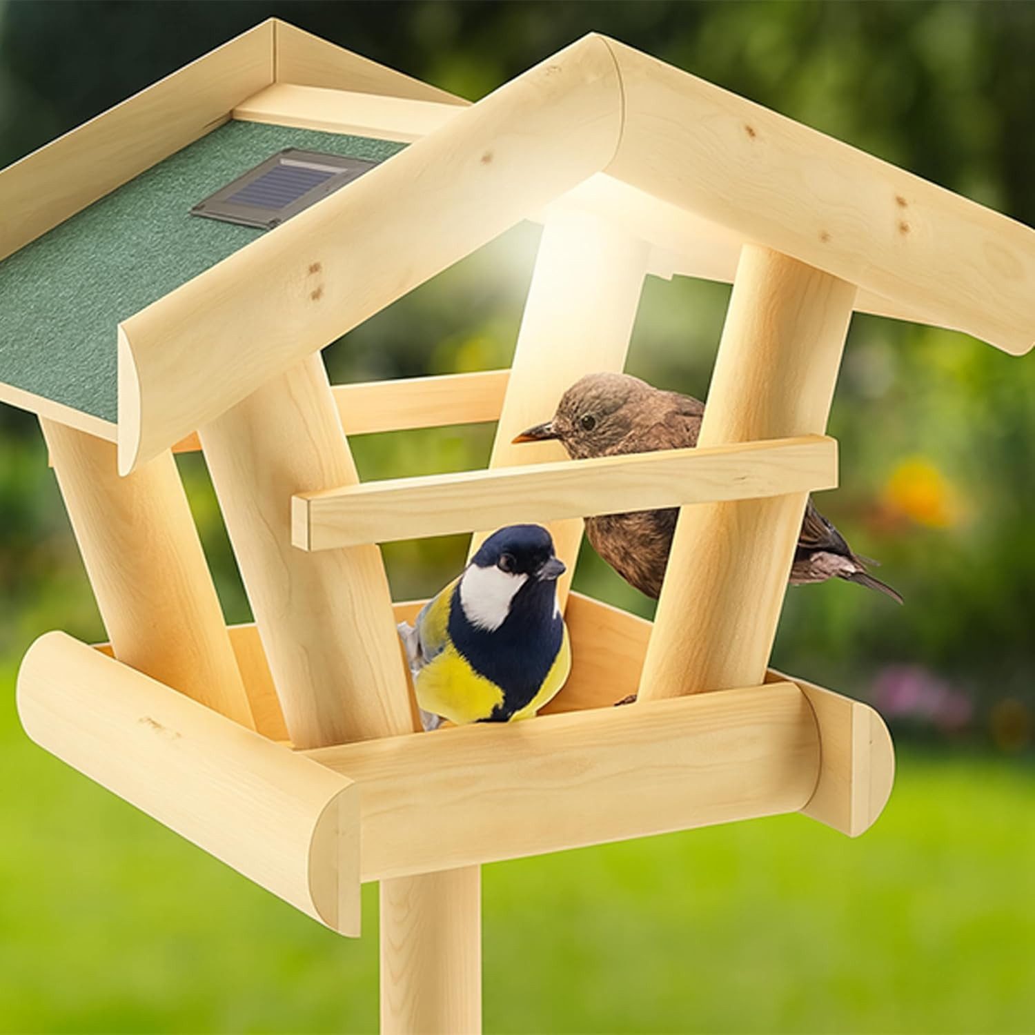 Blumixx Vogelhaus mit wetterfestem Ständer und Solar-LED Beleuchtung - abnehmbares Dach