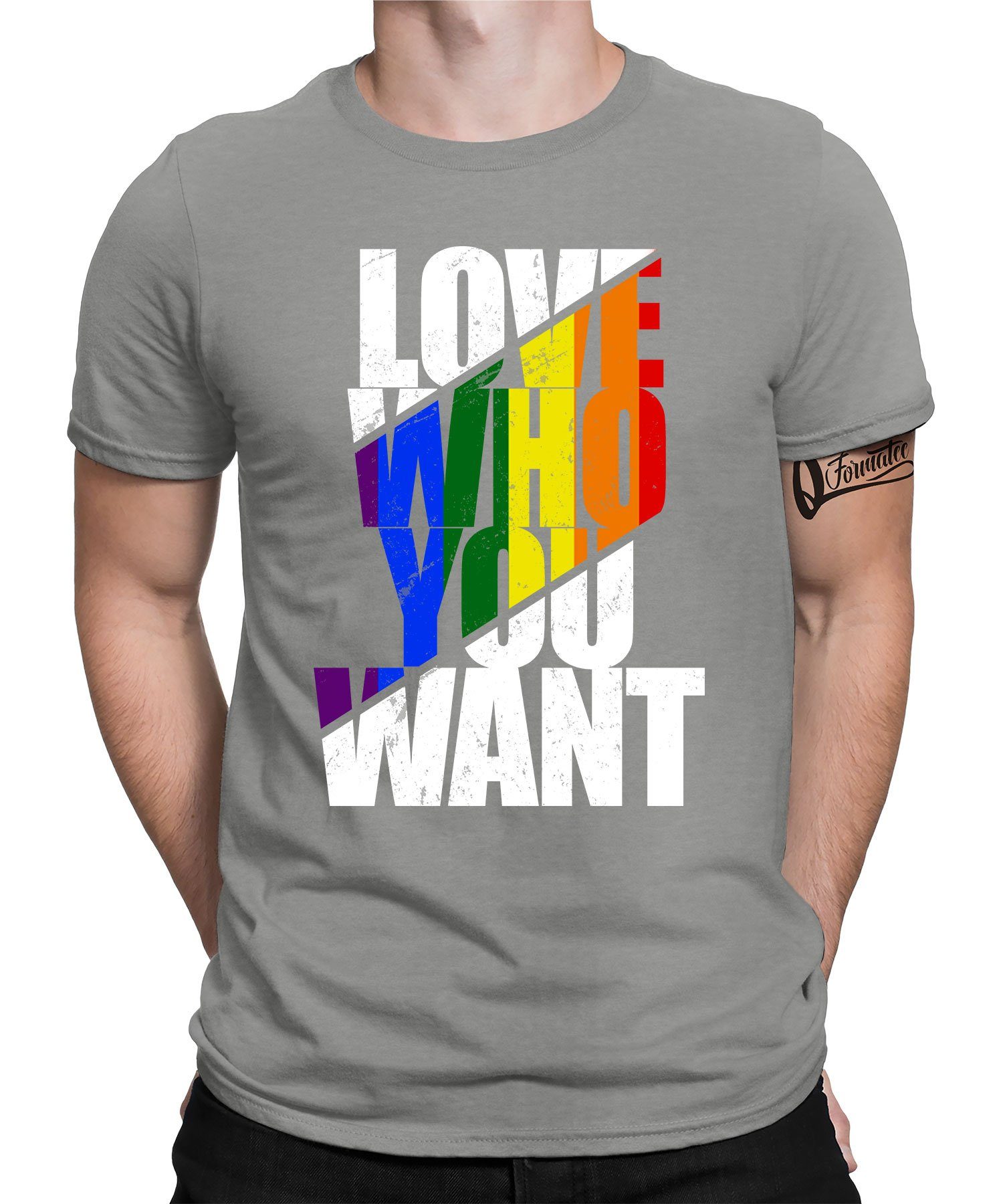 Quattro Formatee Kurzarmshirt Love who you want - Stolz Regenbogen LGBT Gay Pride Herren T-Shirt (1-tlg) Heather Grau