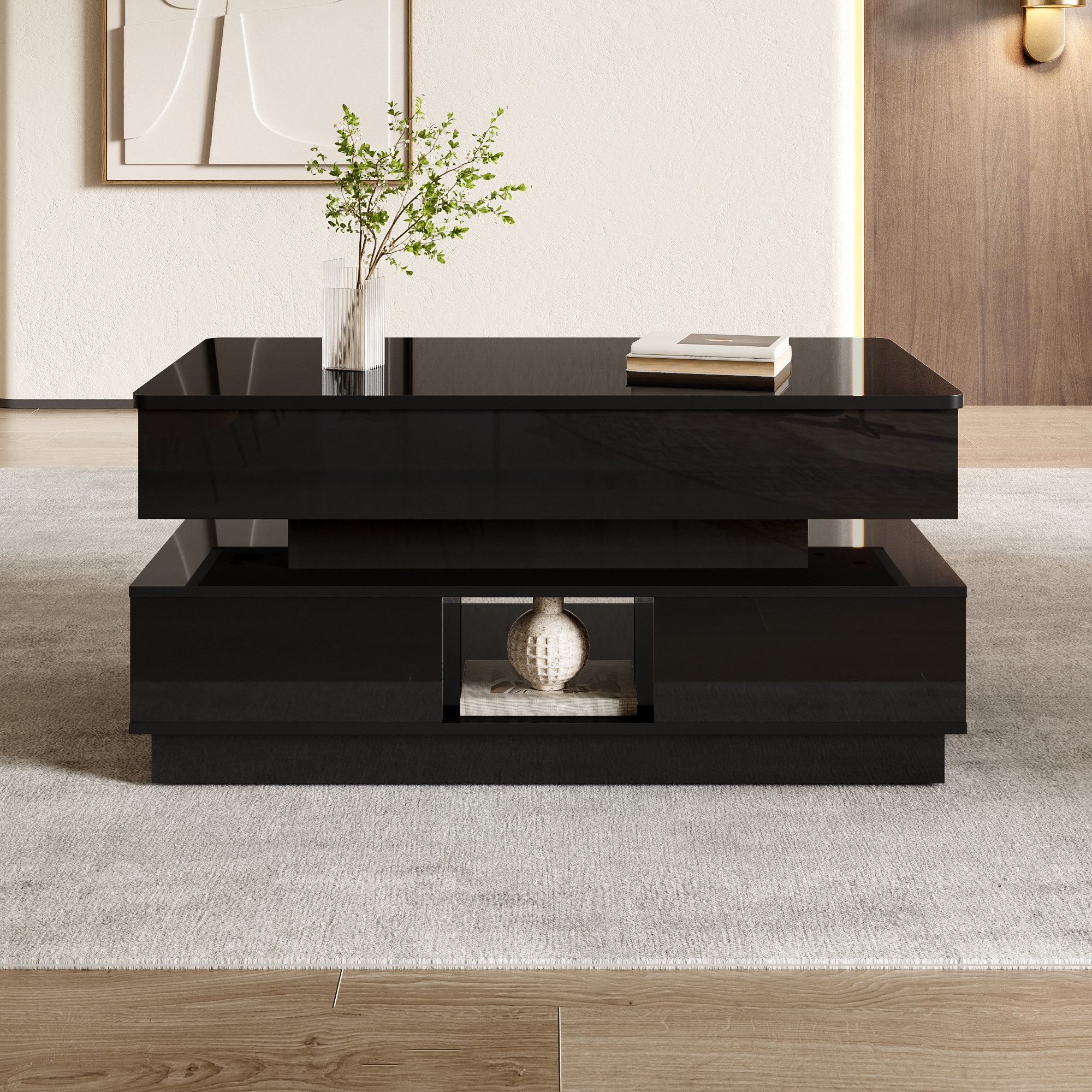 Ulife Couchtisch mit Stauraum, Schubladen, LED-Beleuchtung und Steckdose, Schwarz (1-St), Höhenverstellbar für flexible Nutzung