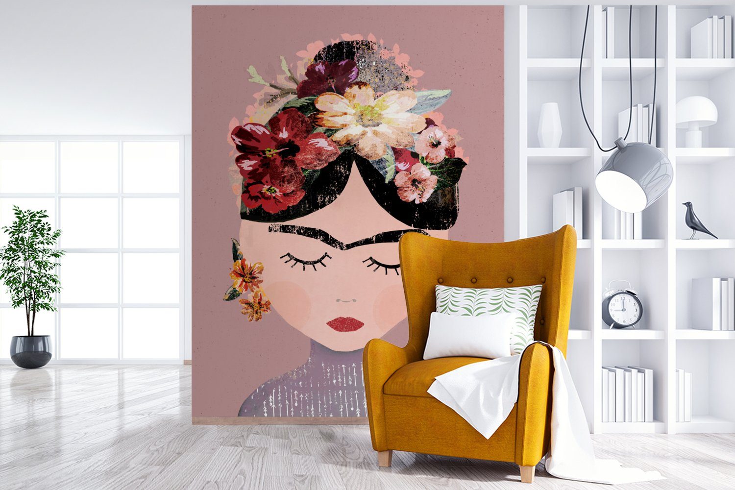 Pastell Wohnzimmer, bedruckt, (4 - Frida Tapete Blumen - Kunst Montagefertig Wandtapete Vinyl St), - - MuchoWow für Matt, Fototapete Kahlo, Frau