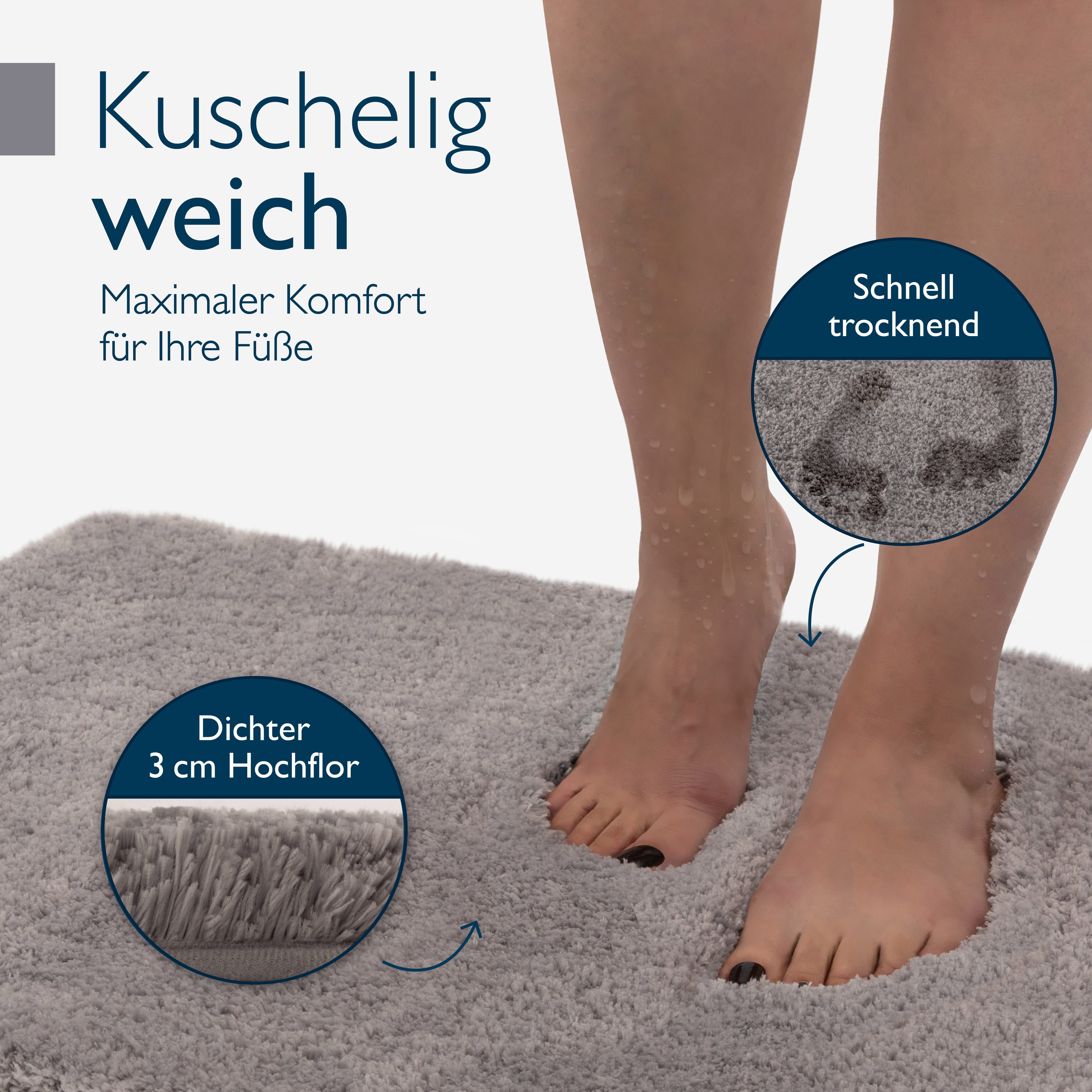 Beautissu Badematte Badematte rutschfest BeauMare FL, 100x60cm, Grau, Höhe 30 mm, Polyester, 100x60 cm Duschvorleger Hochflor Badteppich rutschfest Waschbar Shaggy