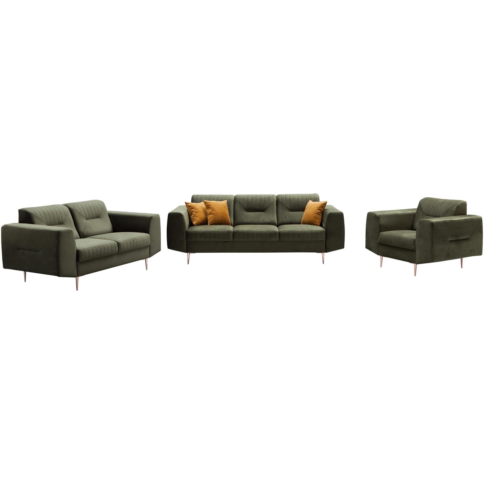 Beautysofa Polstergarnitur VENEZIA, (Sessel + Couchgarnituren Design), Grün mit modernes + Metallbeine, (bluvel Sofa 2-Sitzer im aus 3-Sitzer 77) Velours Sofa