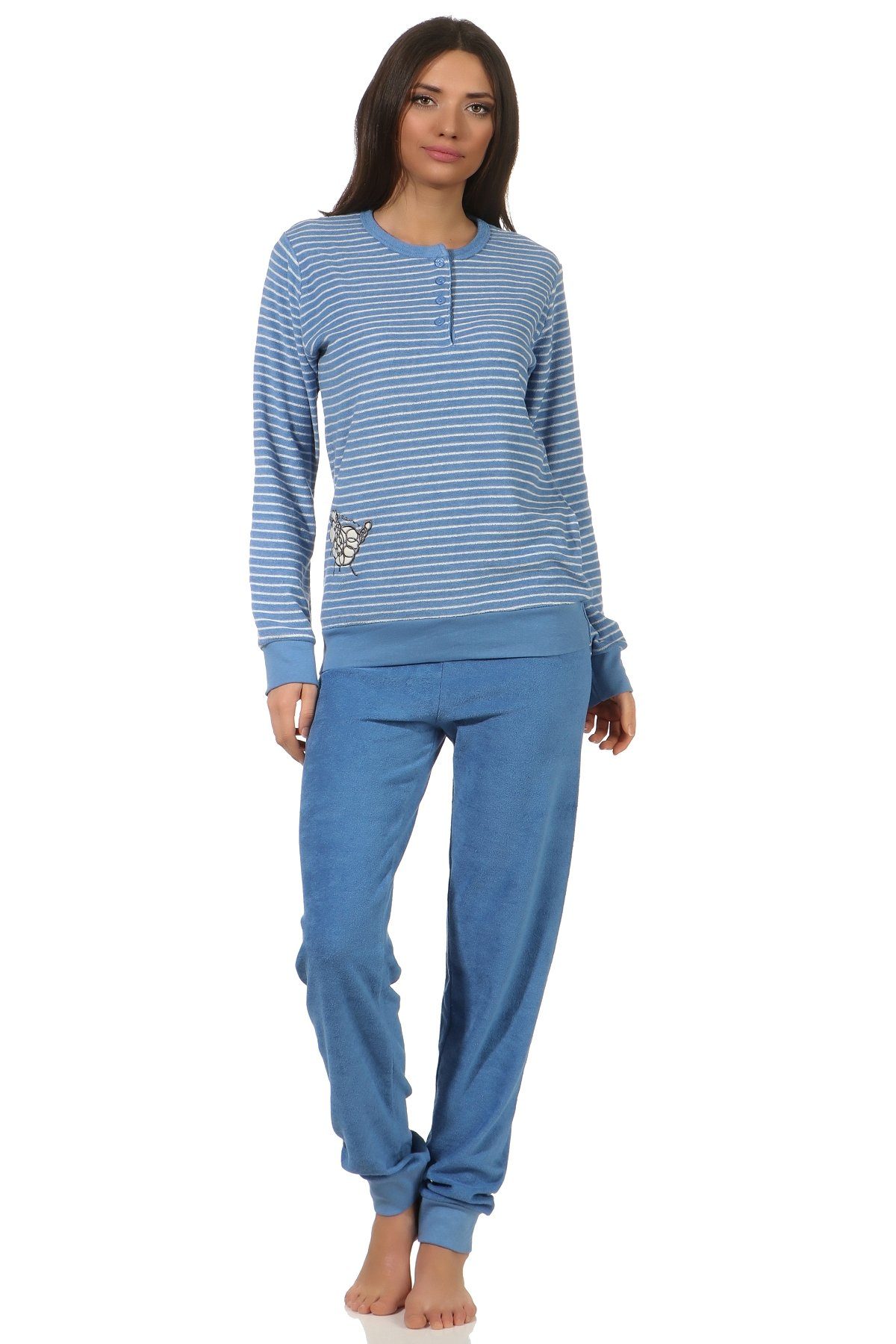 Normann Pyjama Damen Frottee Schlafanzug mit Bündchen und süsser Tier Applikation hellblau