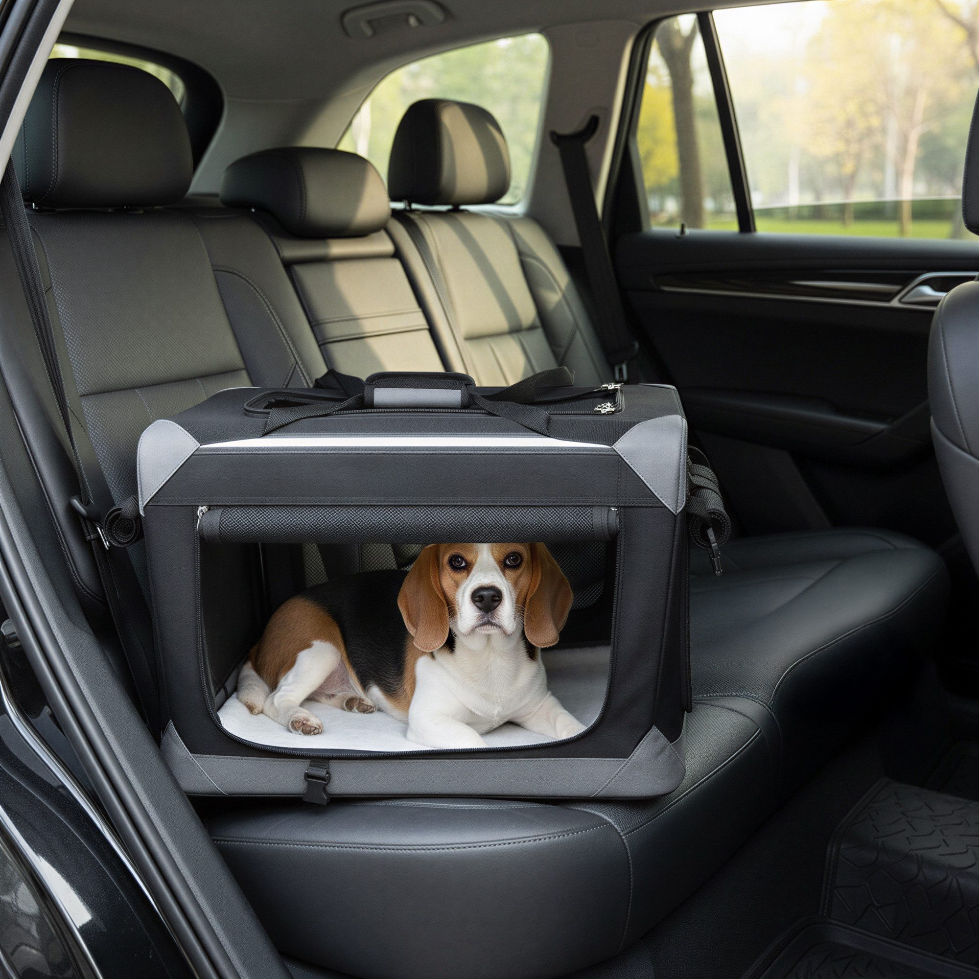 FEANDREA Hunde-Transportbox Hundebox faltbar, Hundetasche, Oxford-Gewebe, tintenschwarz-taubengrau, mit 4 Türen aus Netzstoff, Griffen, Tasche, 60 cm, für kleine Hunde