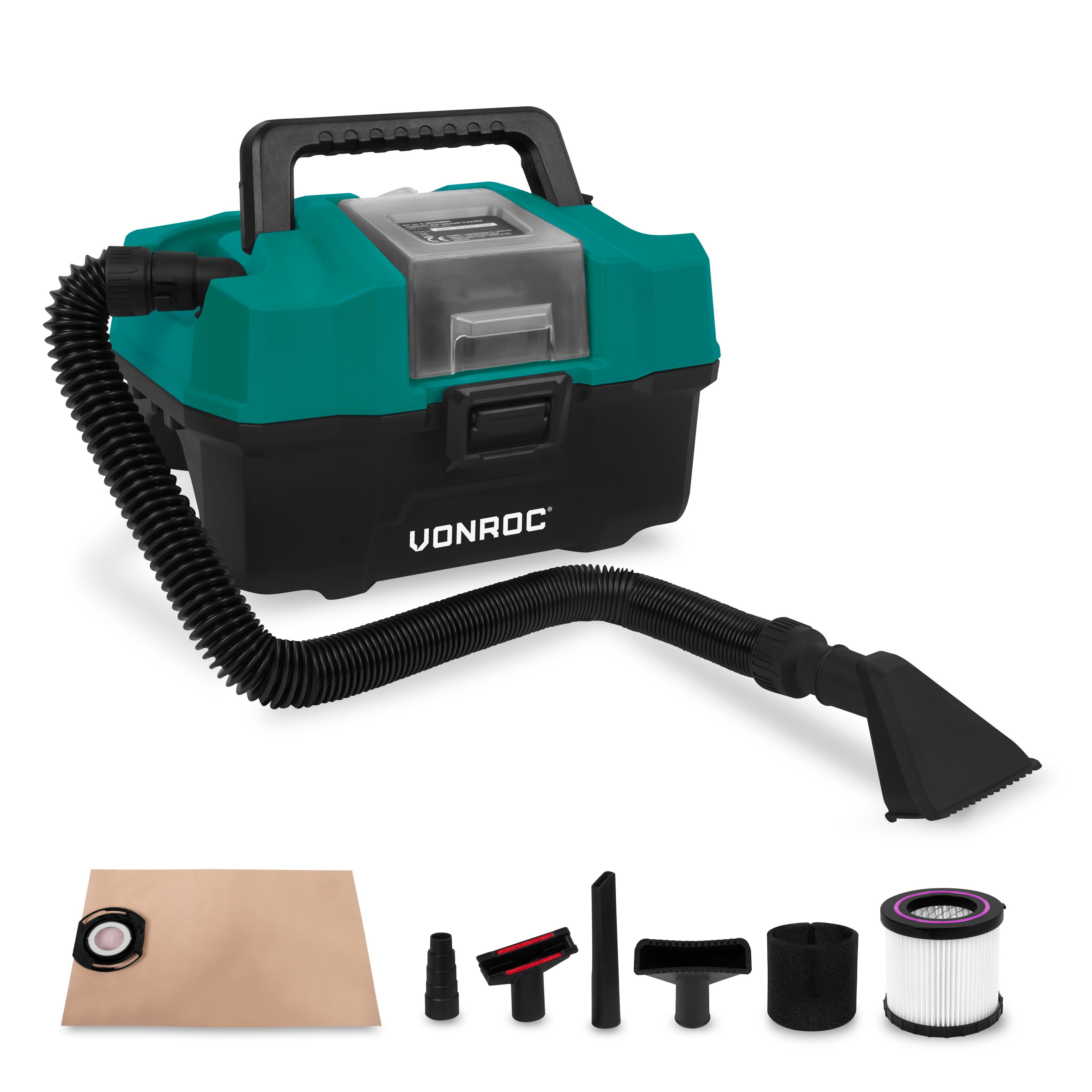 VONROC Nass-Trocken-Akkusauger 20V - Tragbarer Staubsauger, beutellos, Inkl. Zubehör - ohne Akku und Schnellladegerät