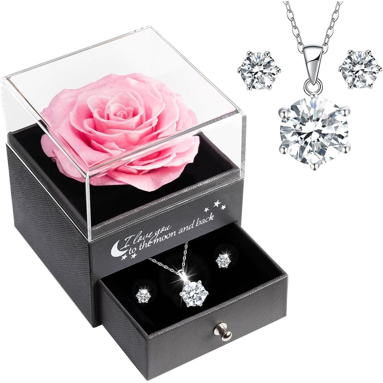 LuxusKollektion Ohrring und Ketten Set Halskette Ewige Rose 925 Sterlingsilber Ohrringe Rosa