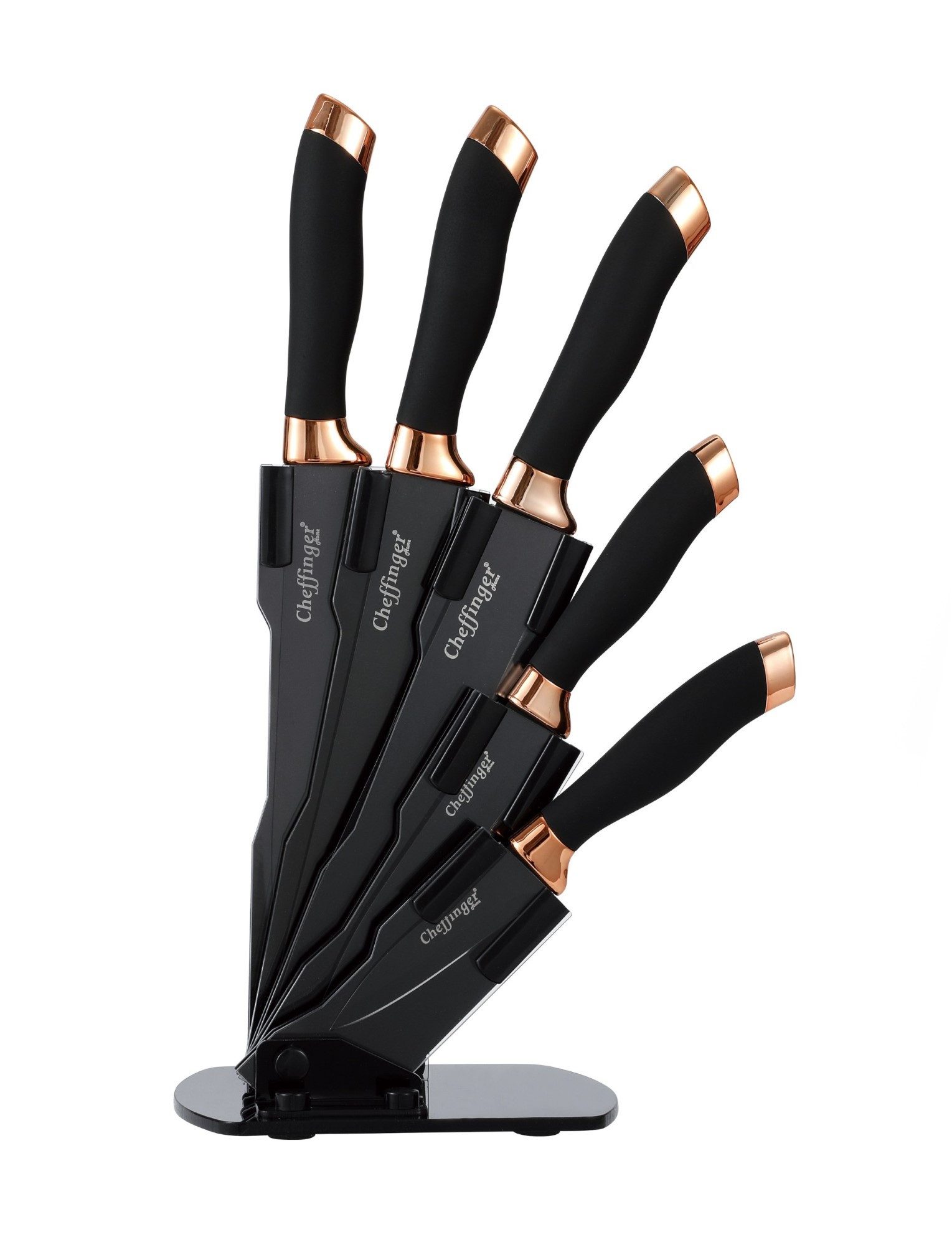 Cheffinger Ножи-Set 6 tlg. Ножиständer drehbar Ножиblock Schwarz-Gold