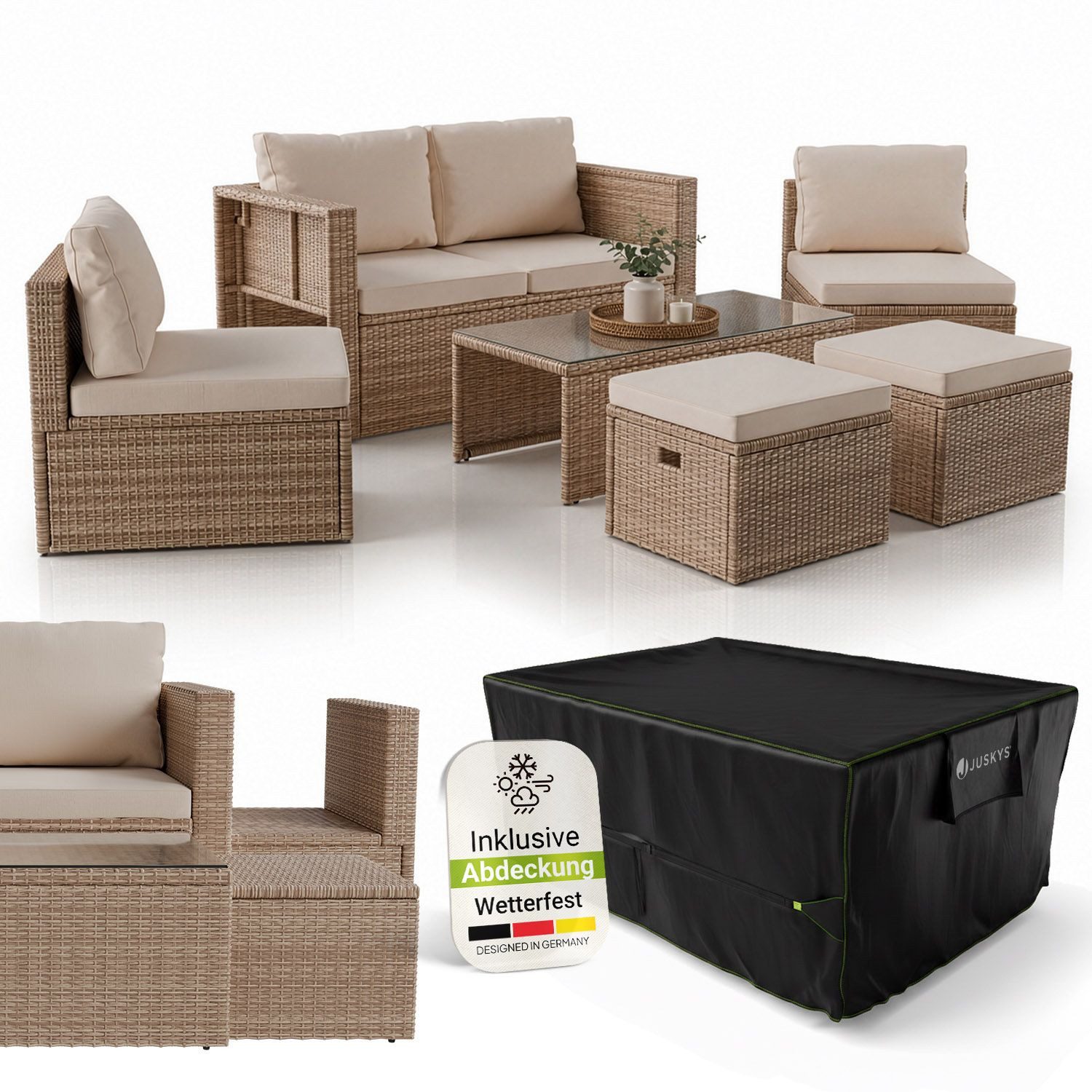 Juskys Gartenlounge-Set Salou, (6-tlg), für 6 Personen, Polyrattan, Glasplatte, mit Kissen & Abdeckung