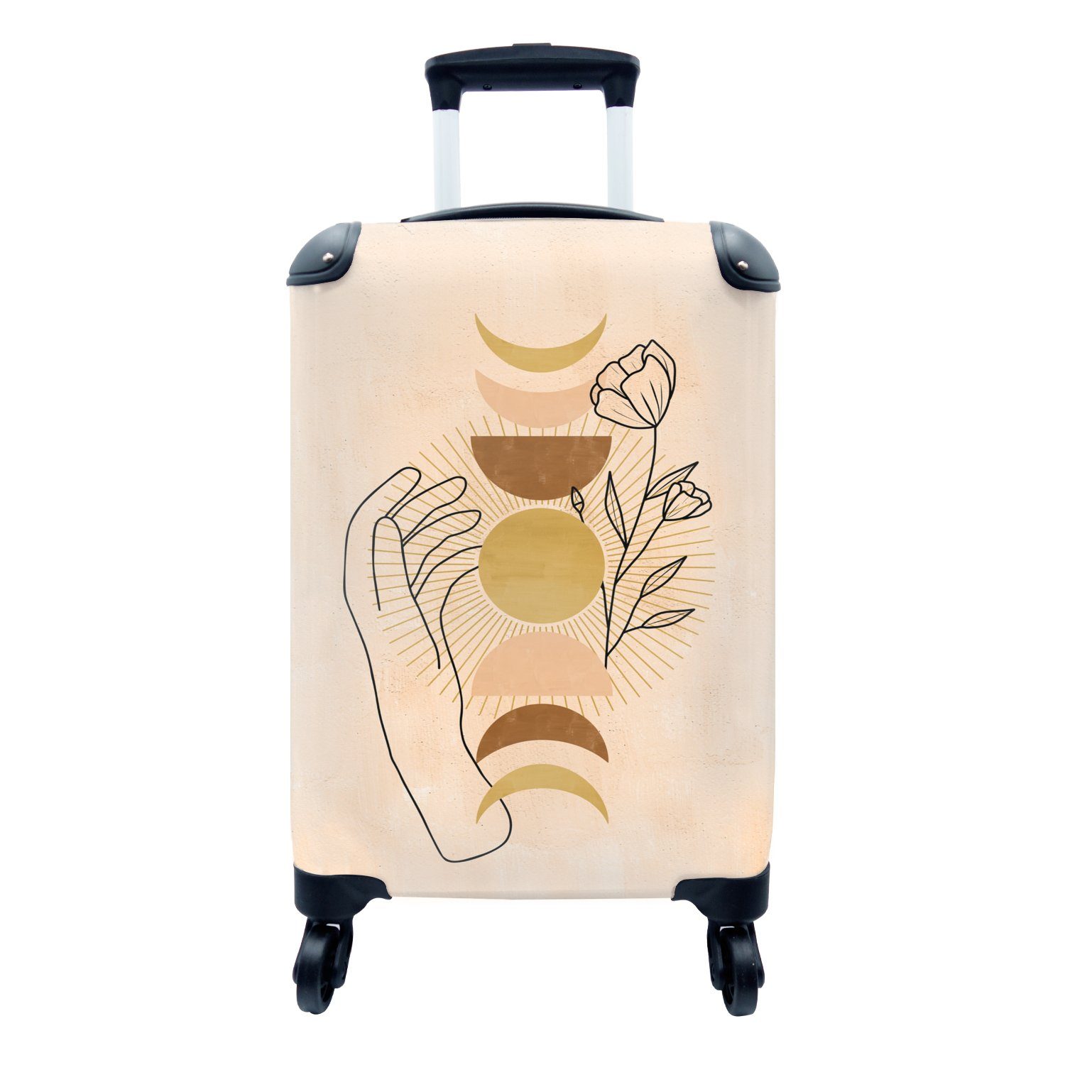 MuchoWow Handgepäckkoffer Blume - Mond - Boho - Hände - Abstrakt, 4 Rollen, Reisetasche mit rollen, Handgepäck für Ferien, Trolley, Reisekoffer