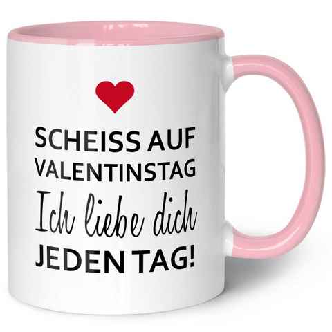GRAVURZEILE Tasse mit Spruch - Scheiss auf Valentinstag - Geschenk für Ihn & Sie, aus Keramik - Spülmaschinenfest, Farbe: Rosa