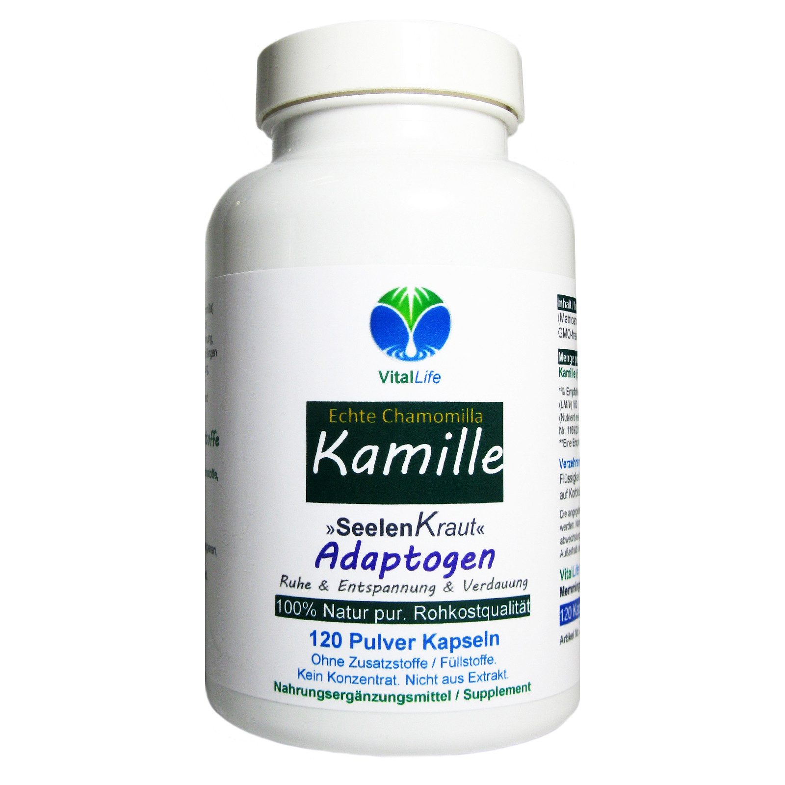VitalLife Echte KAMILLE Kamillenblüten Natur Pur KEIN Extrakt Nicht Hochdosiert Kapseln, 1 er Dose à 120 St., 43,2 g, Art. 27120-120