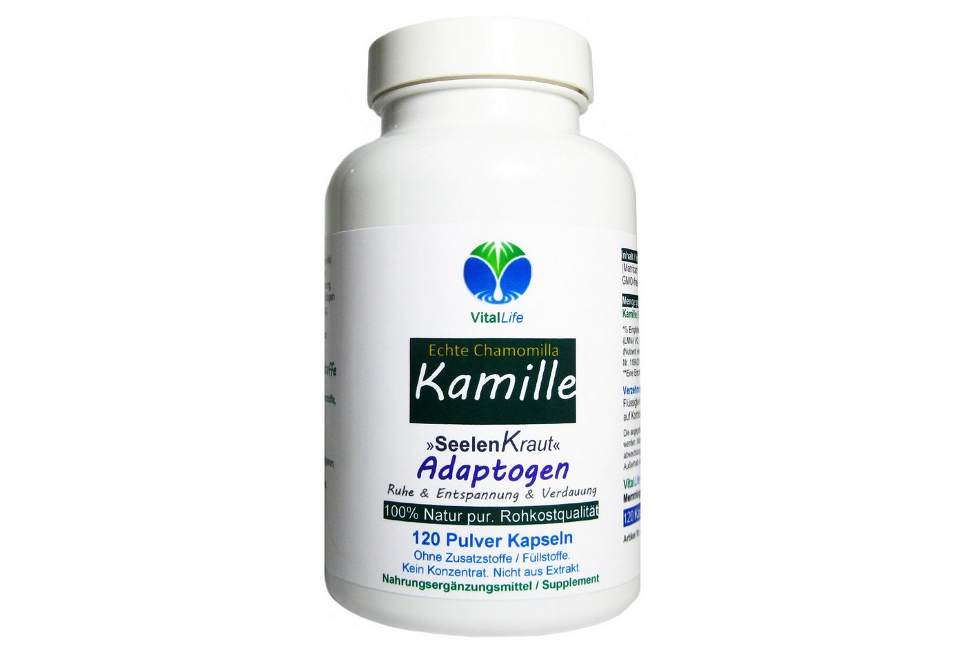 VitalLife Echte Kamille Kamillenblüten kein Extrakt ohne Zusatzstoffe Kapseln, 1 er Dose à 120 St., 43,2 g, Art. 27120-120