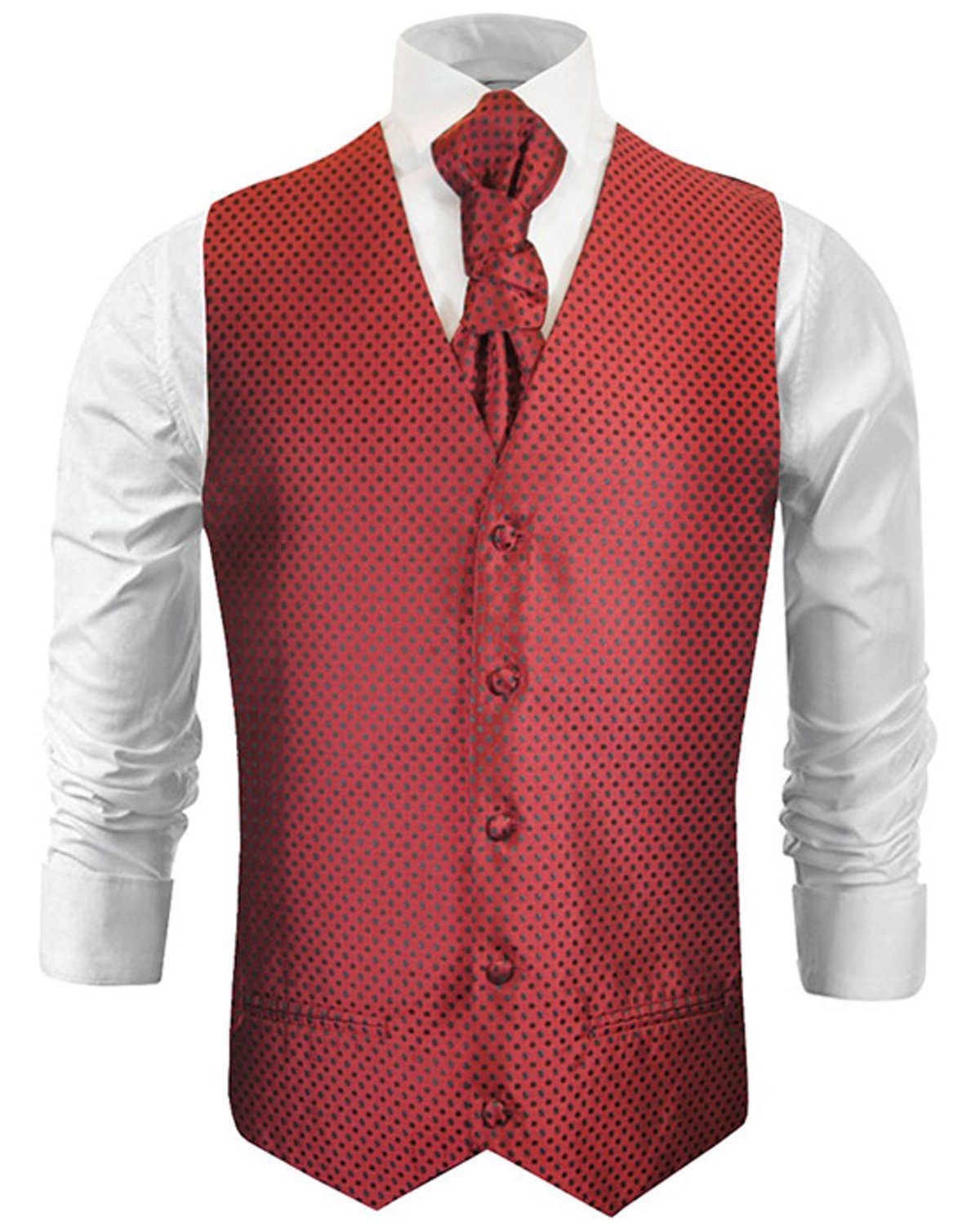 Paul Malone Anzugweste Hochzeitsweste mit Plastron Set 2tlg - Gepunktete Herren Weste (Set, 2-tlg., mit Weste und Plastron) rot schwarz V22, Gr. 48 (XS)