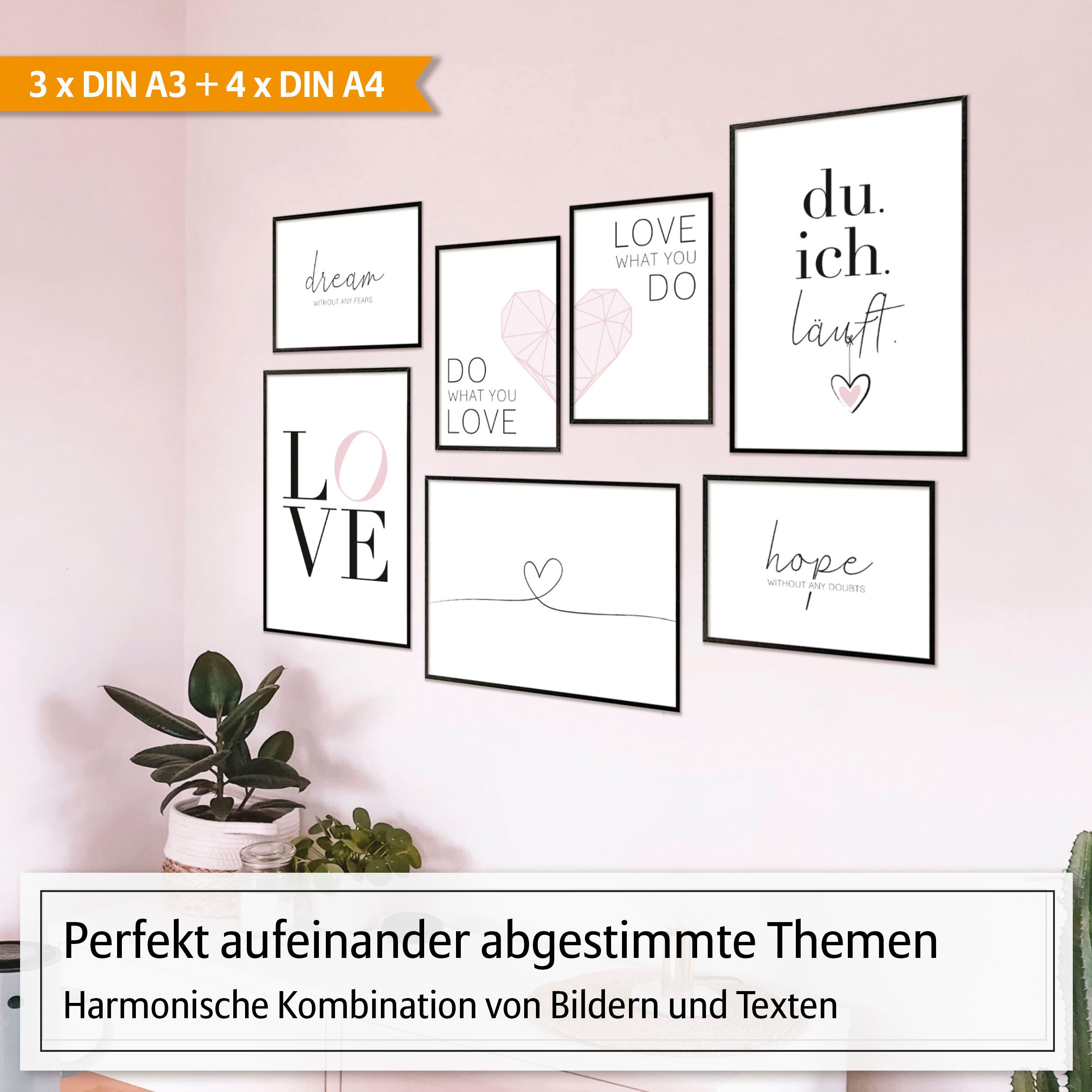 Hyggelig Home Poster Du und Ich - Premium Poster Set OHNE & MIT Rahmen - 7 Wandbilder Liebe, Emotion (Set, 7 St), Collage schwarz weiß, Qualitätsdruck dickes Papier