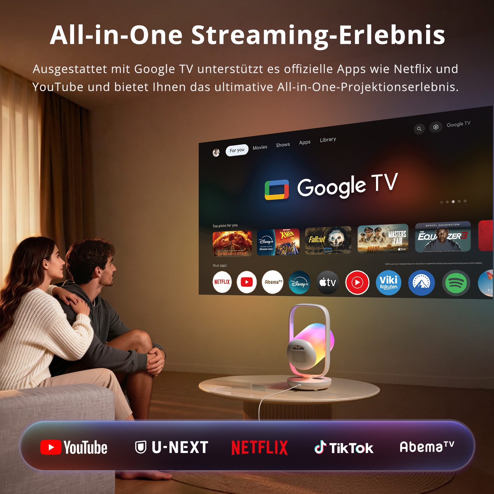 ETOE Starfish 2 LCD-Beamer (3000:1, 1920×1080 px, 1080p Full HD, 4K-Dekodierung, 500 ANSI-Lumen, Google TV mit Netflix) weiß