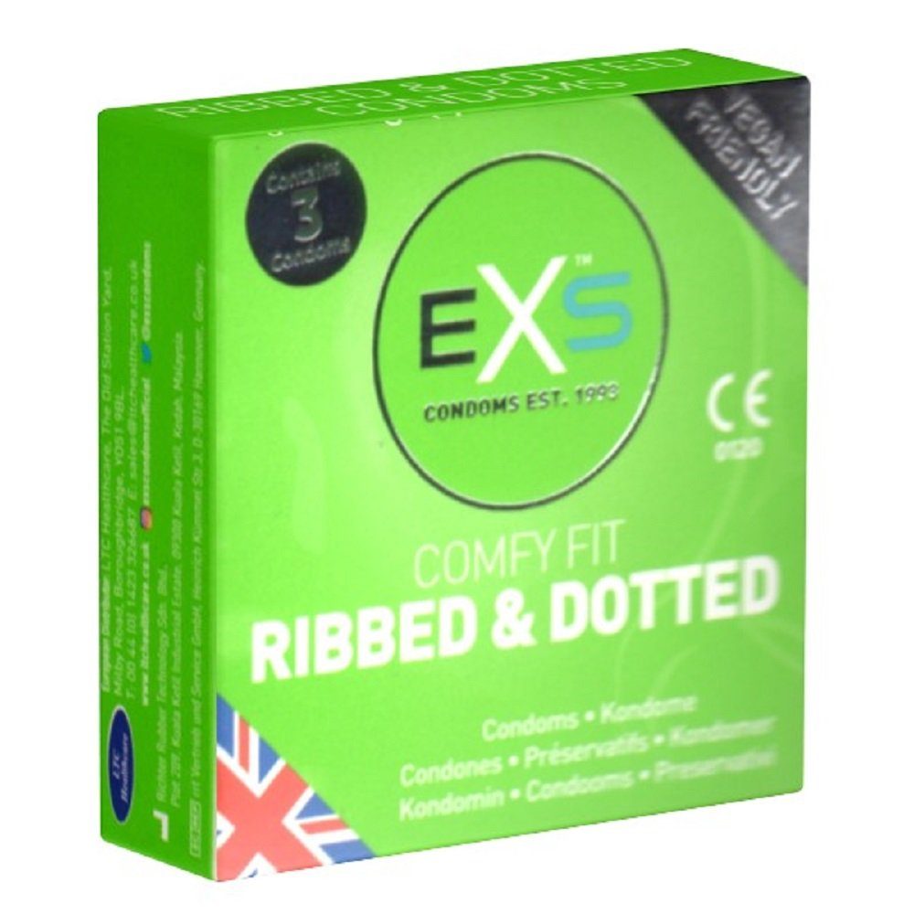 EXS Kondome Ribbed & Dotted - stimulierende Kondome mit 3-in-1-Effekt Packung mit, 3 St., extrem erregnde Kondome mit Rippen und Noppen, gerippt und genoppt für Leidenschaft bis zum Höhepunkt