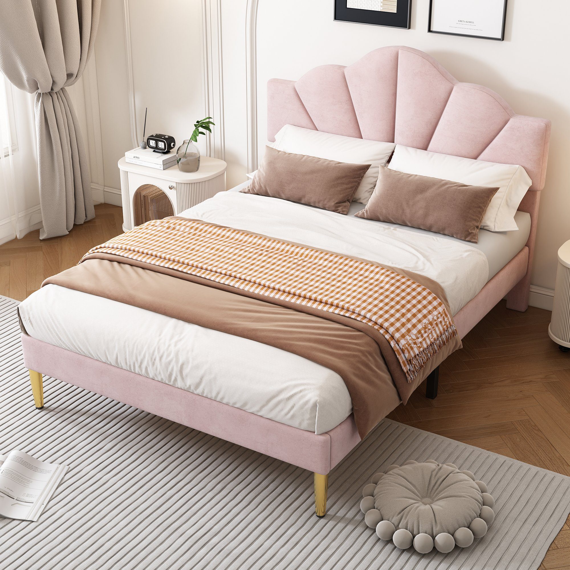 OKWISH Polsterbett muschelartiges Bett (140 X 200 CM Ohne Matratze), Höhenverstellbares Kopfteil,Bett mit goldenen Eisenbeinen Rosa