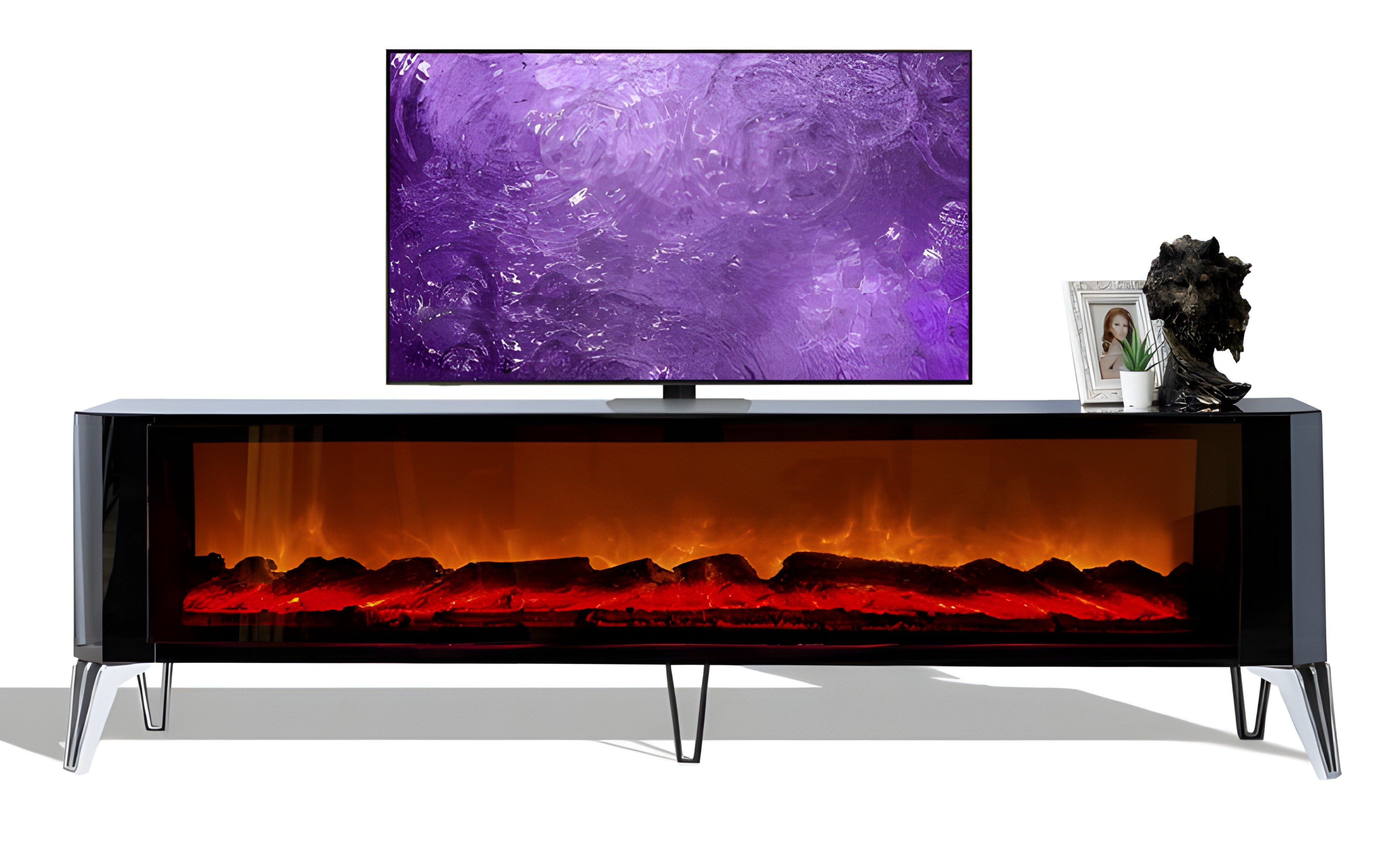 Xlmoebel Lowboard Luxuriöser TV-Schrank in Silber mit Glasfronten und Elektrokamin, Made in Europa