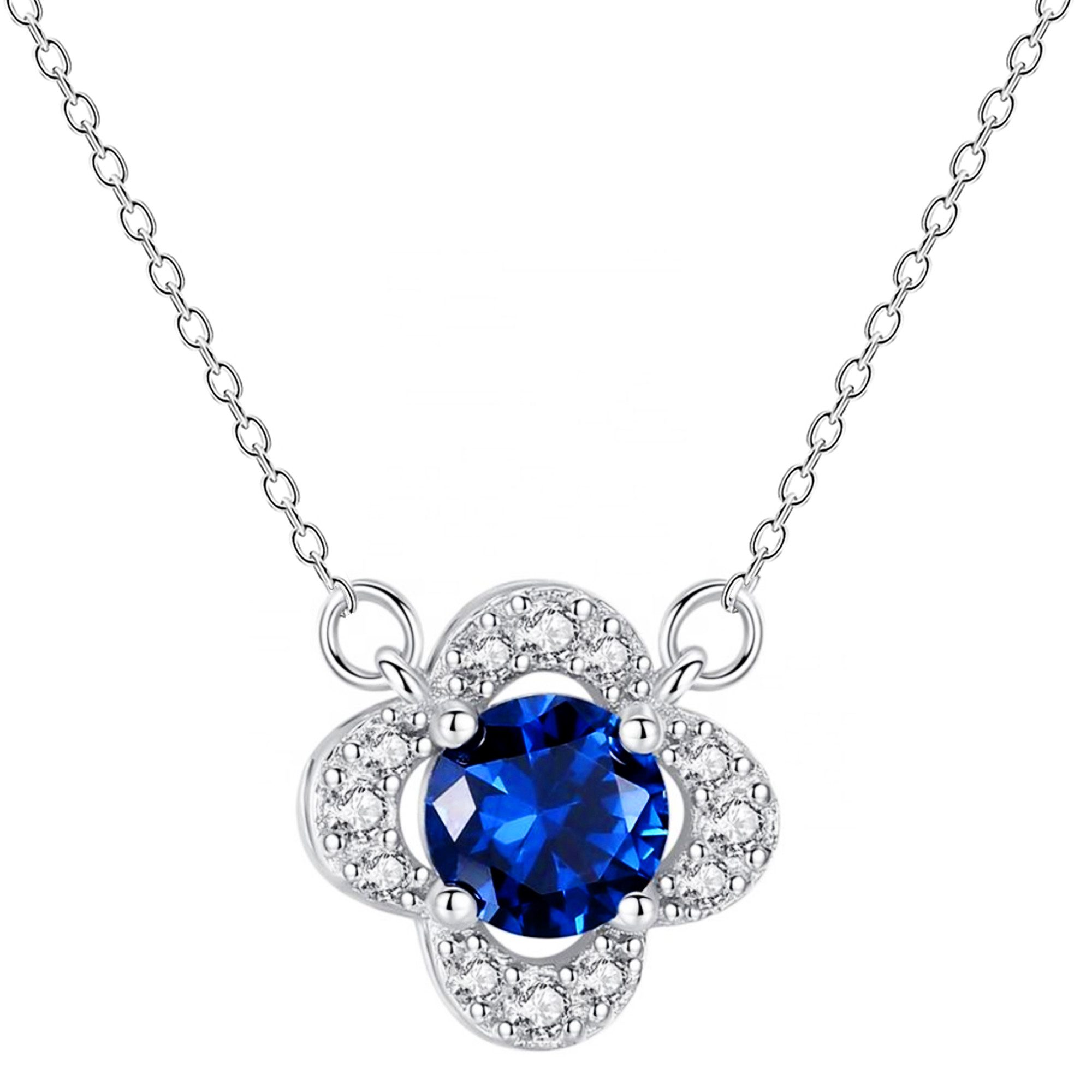 LÖB Kette mit Anhänger 925 Silber Kette Blume Kleeblatt Zirkonia Stein Saphir Blau Anhänger (Geschenke für Frauen Beste Freundin Mutter Mama Damen zum Geburtstag Weihnachten Weihnachtsgeschenke), Halskette Glitzer Steinanhänger Brautschmuck Saphirblau Dunkelblau