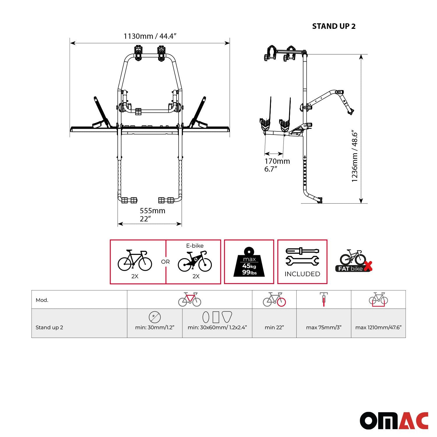 OMAC Heckfahrradträger Heckklappe Fahrradträger E Bike Kia Sportage 2 Fahrräder, Faltbar, Abnehmbar, Leichtgewichtig