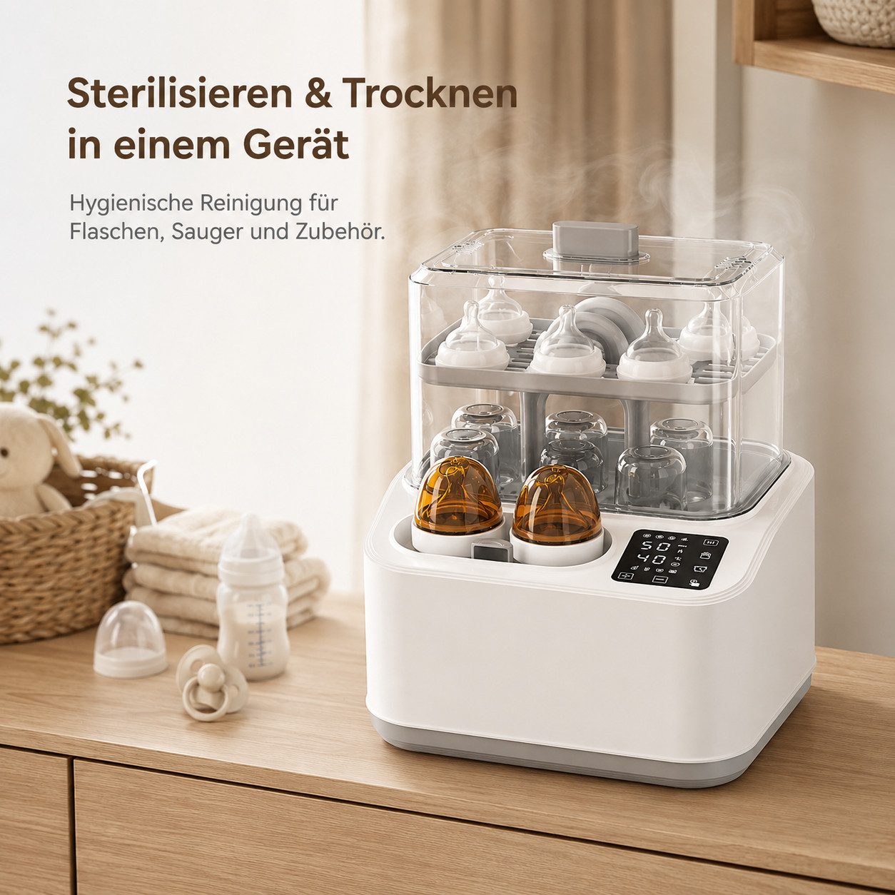 Tekoo Mikrowellen-Dampfsterilisator Dampfsterilisator & Flaschenwärmer 8-in-1 für 6 Babyflaschen, BPA-frei, 8-in-1 Multifunktion, BPA-frei,Überhitzungsschutz