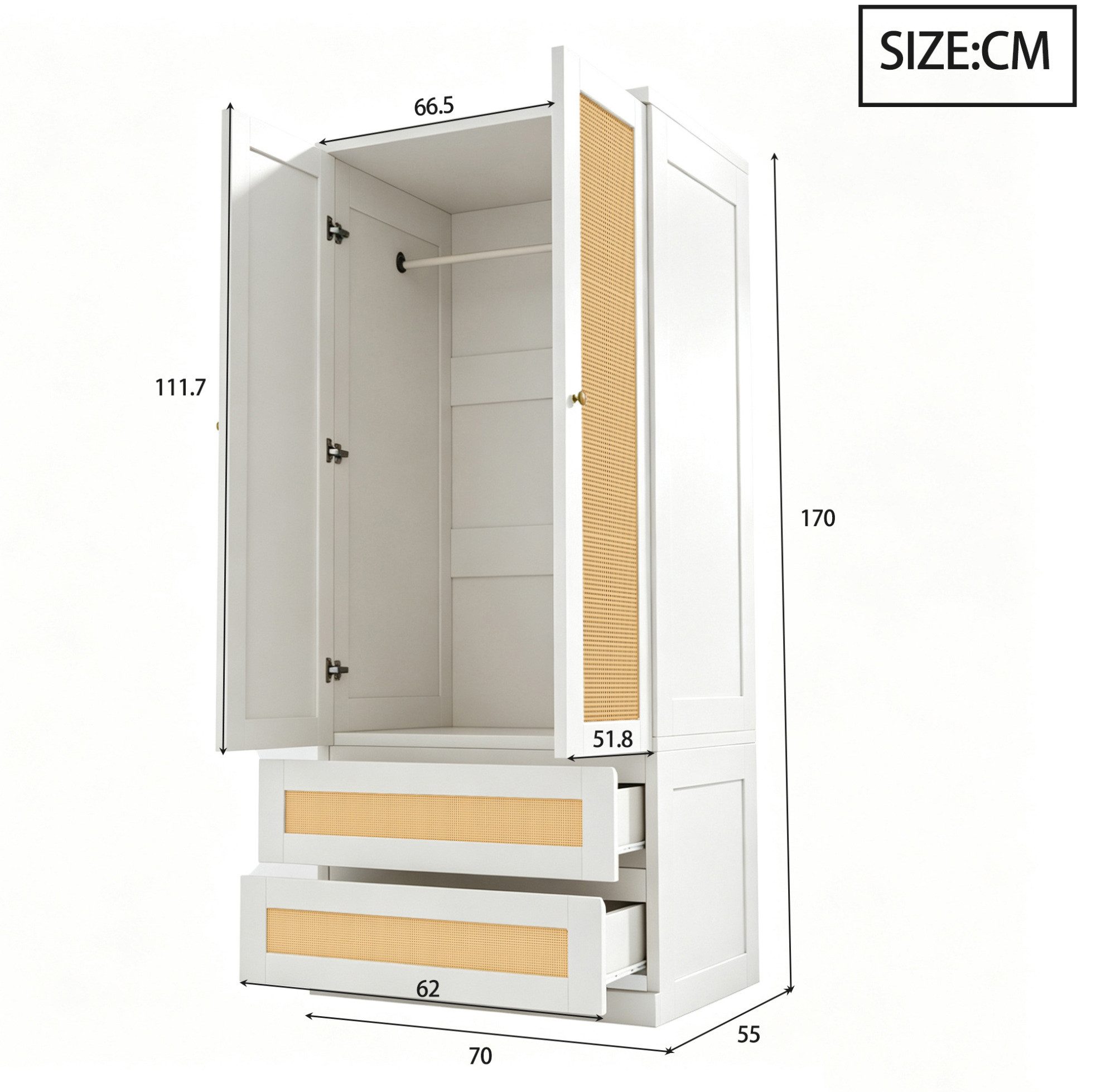 MODFU Kleiderschrank Schrank 70x55x170 cm mit Doppeltüren, Mehrzweckschrank (Rattanstruktur-Türen und vielseitigem Stauraum, moderner Garderobenschrank mit Schubladen) für Kleidung und Accessoires