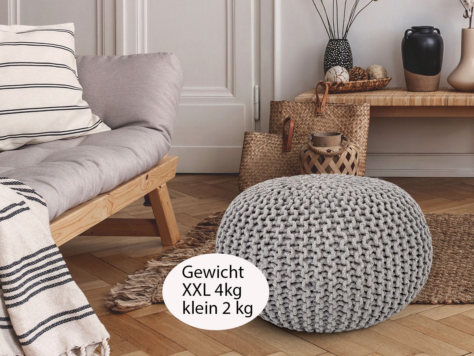 Amagohome Sitzhocker Strickhocker XXL Pouf Ø55 H37cm Bodenkissen Sitzpouf Baumwolle recycel – Bild 5 von 5