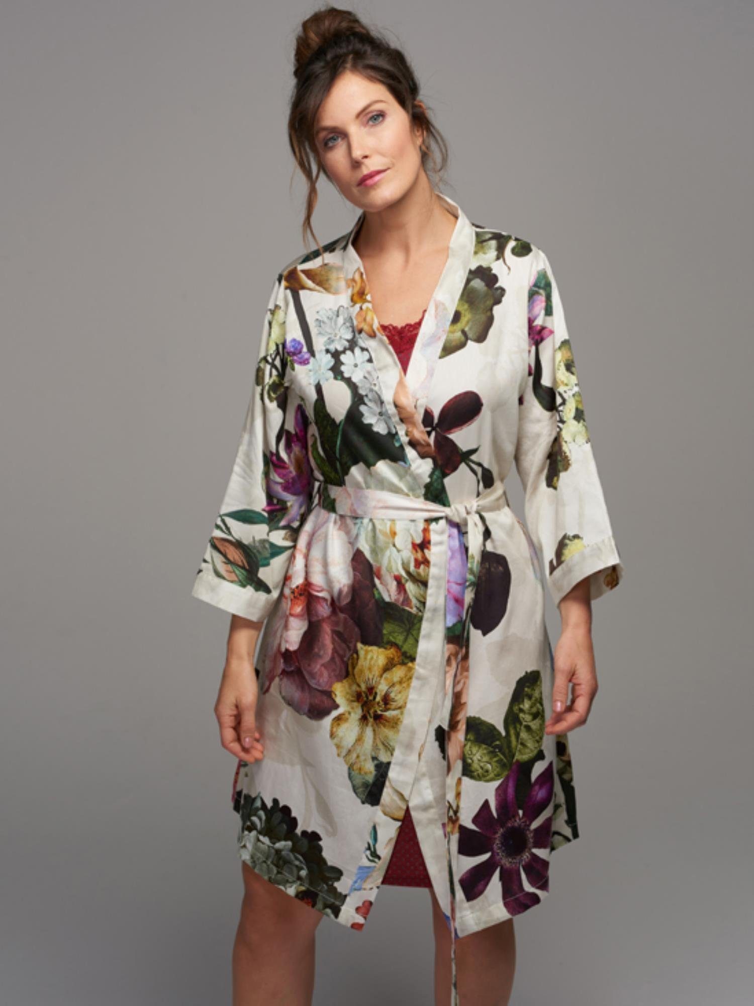 wunderschönem Kimono-Kragen, Kimono Kurzform, Essenza Blumenprint mit Gürtel, Fleur, Baumwolle, Ecru