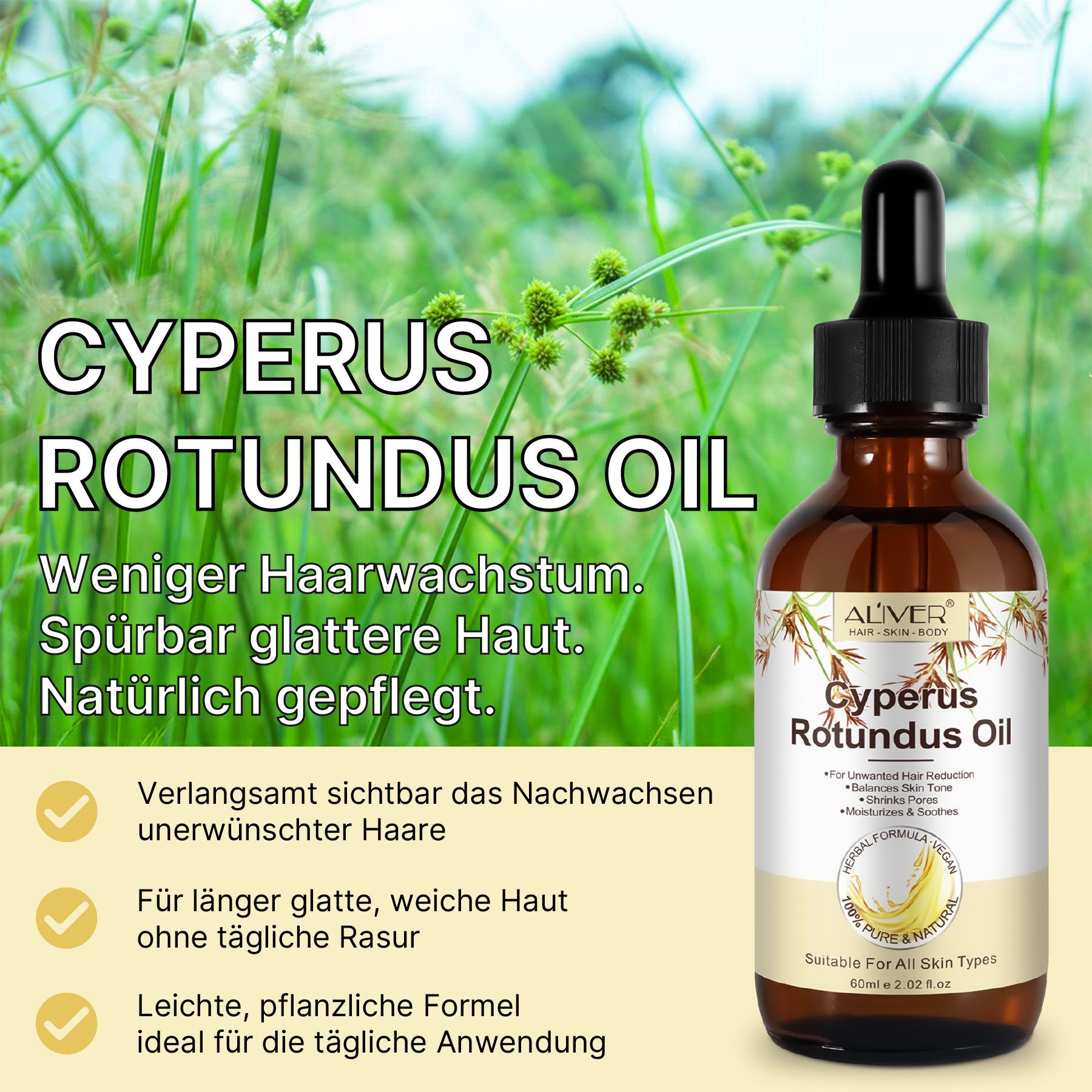 ALIVER Haaröl Cyperus Rotundus Öl Pflege zur Haarentfernung Reduzierung Haarwachstum, 1-tlg., Haarpflege, Körperpflege, Haarentfernung, Reduziert Haarwachtstum