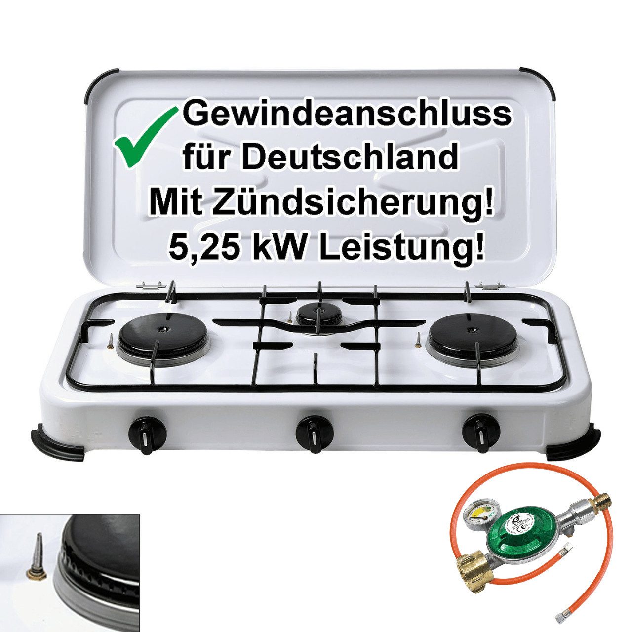BlueCraft Gaskocher 3 flammig mit Zündsicherung 50mbar Propan Gas Campingkocher 5,25 kW, (mit Schlauch 100 cm und Gas Regler Druckminderer mit Manometer), Camping Gas Kocher 3 flammen für Gasflasche Gasherd Gas-Kochfeld