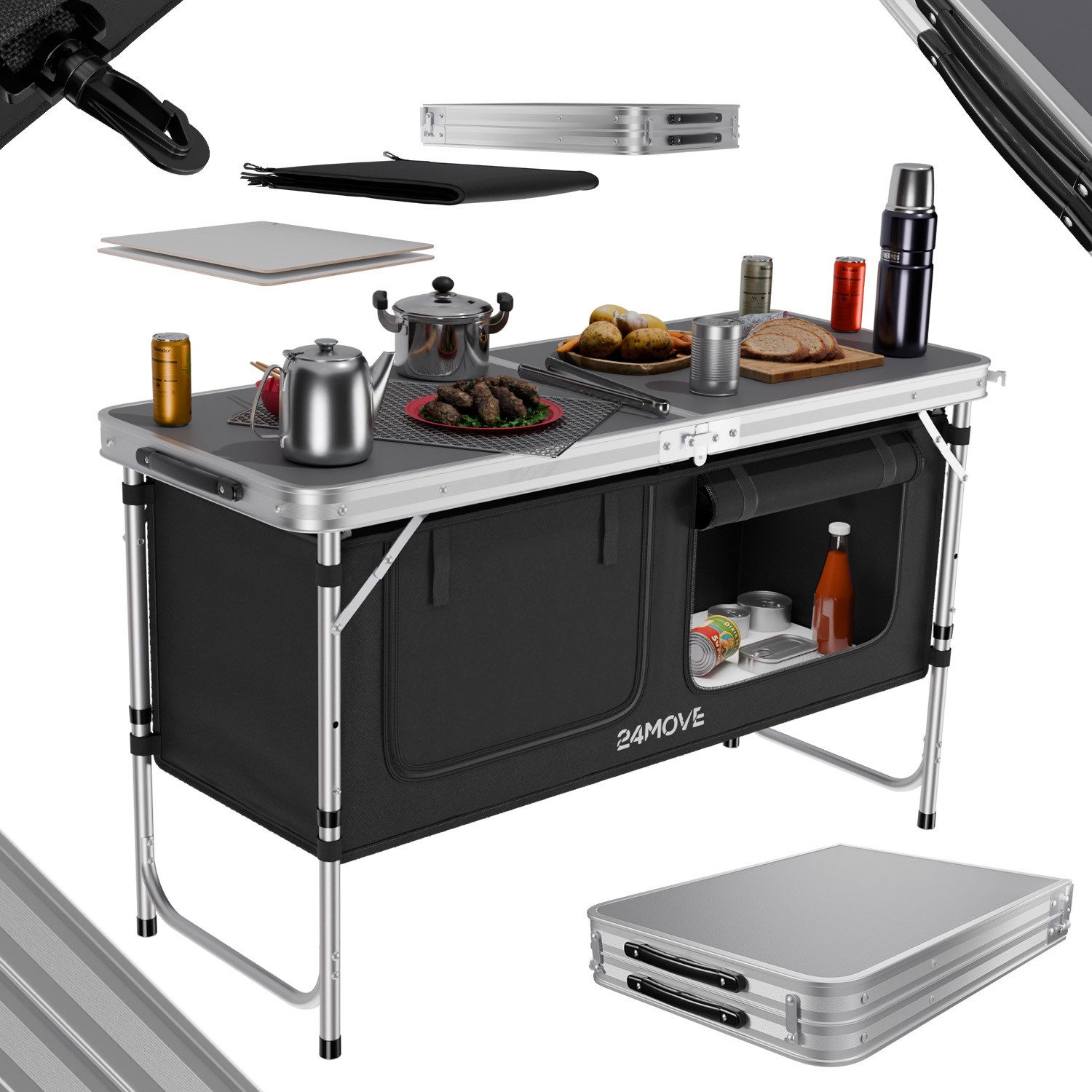 24Move Campingschrank Campingküche PRAIA Outdoorküche Alu (faltbar, höhenverstellbar, tragbar) mit Arbeitsplatte und Staufächern
