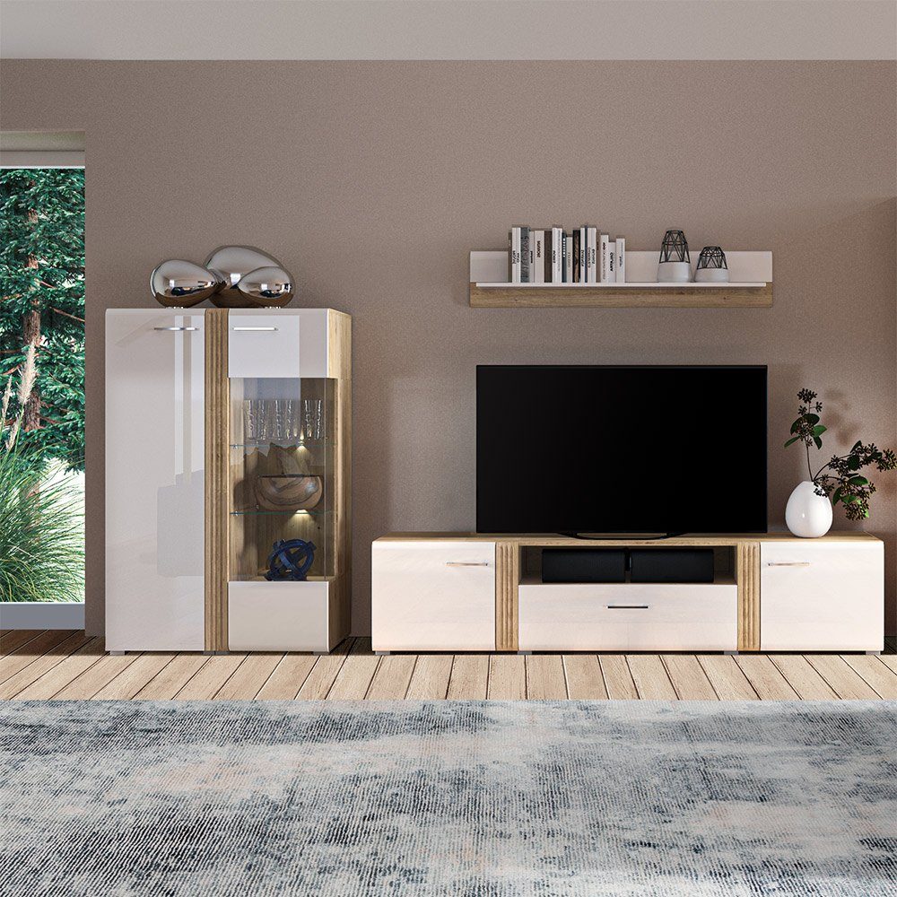 Lomadox Wohnwand AKRON-131, (3-St), moderne Anbauwand inkl. Lowboard, Wandboard, Highboard und Beleuchtung