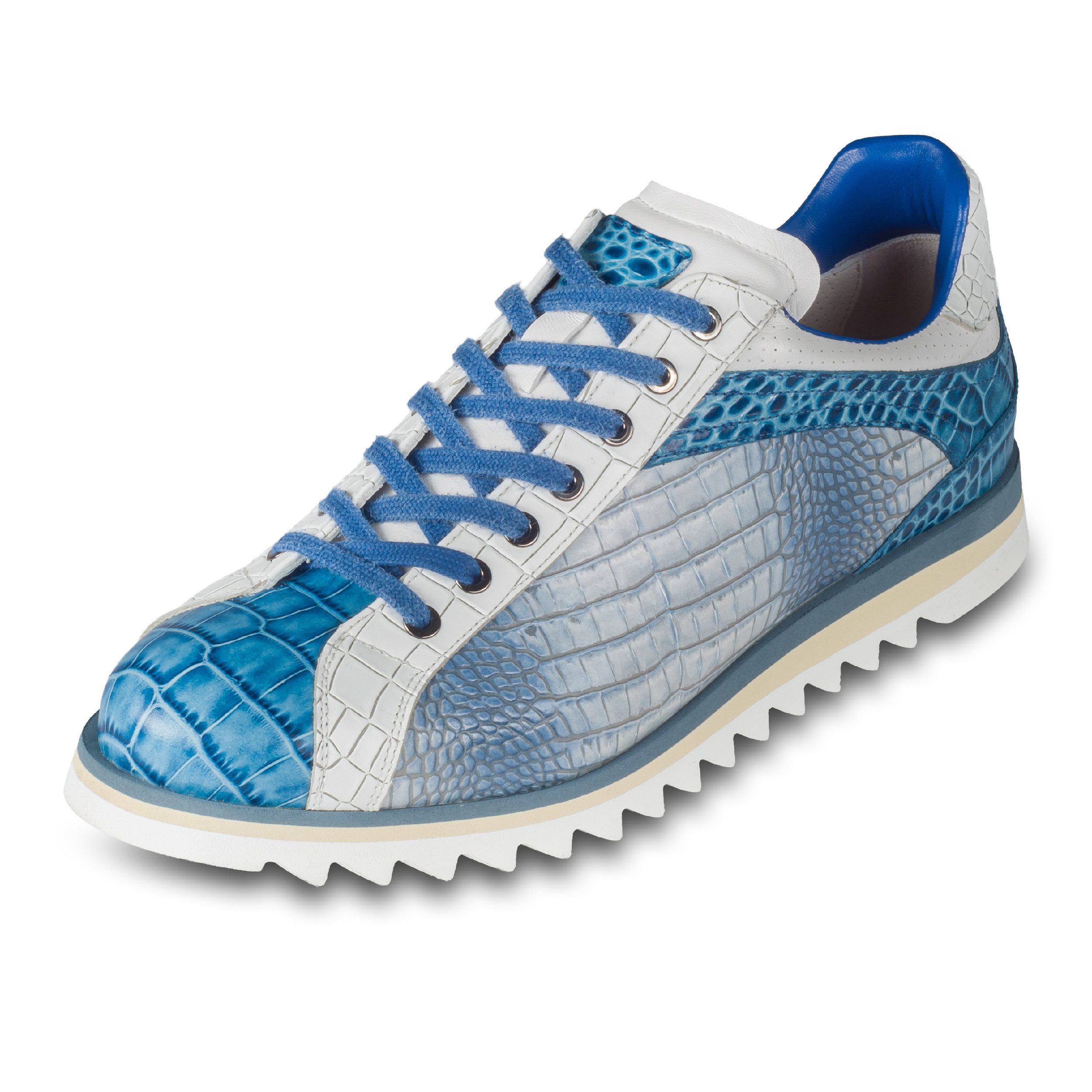 Lorenzi Herren Sneaker blau/weiß, Kalbsleder mit Kroko-Prägung, handgefertigt Sneaker Handgefertigt in Italien