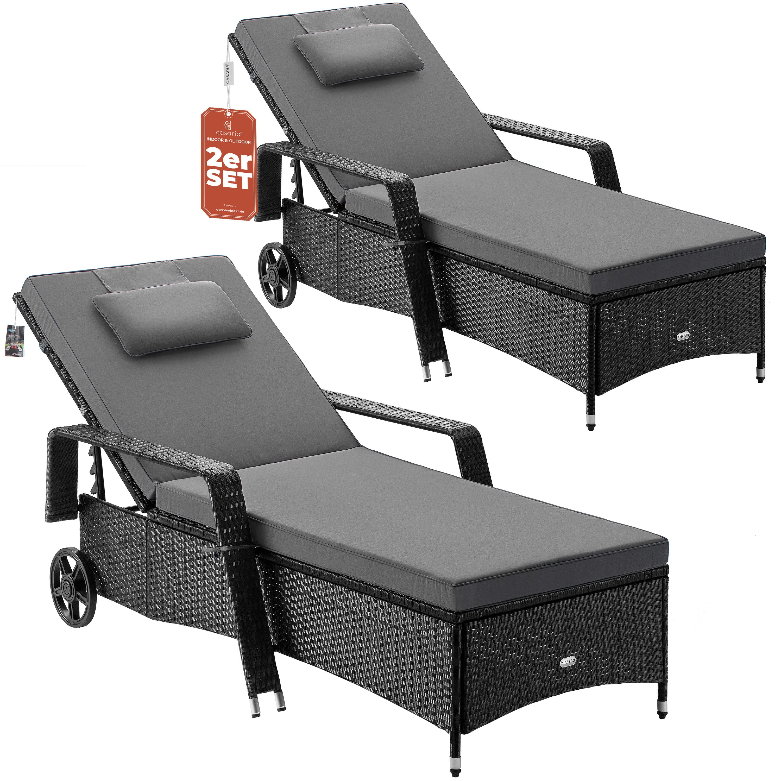 Casaria Gartenliege, 2x Sonnenliege 165kg Belastbar inkl. 7cm Auflage Rollen Polyrattan