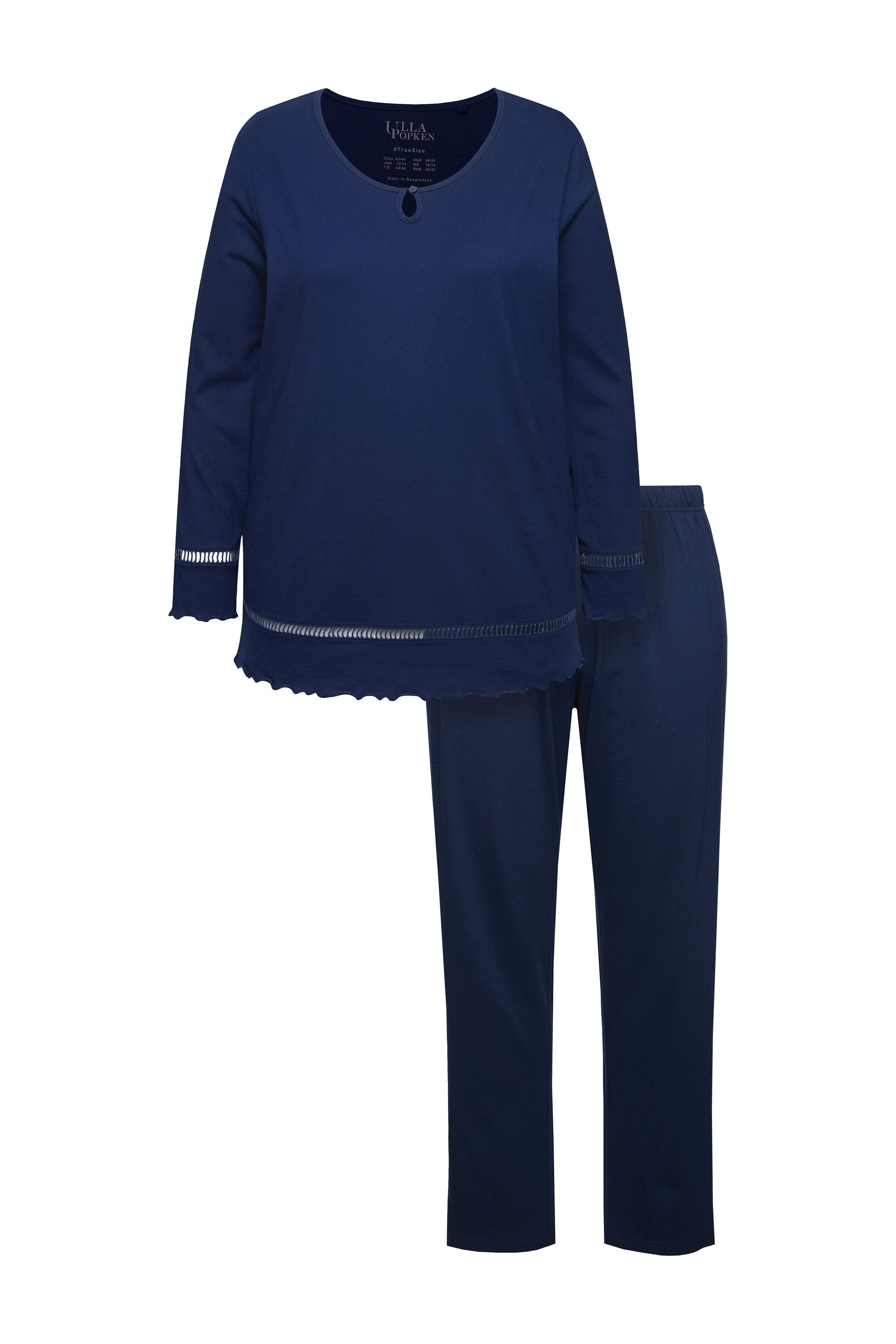 Ulla Popken Pyjama Pyjama Hohlsaum Wellenkanten Rundhals Langarm günstig online kaufen
