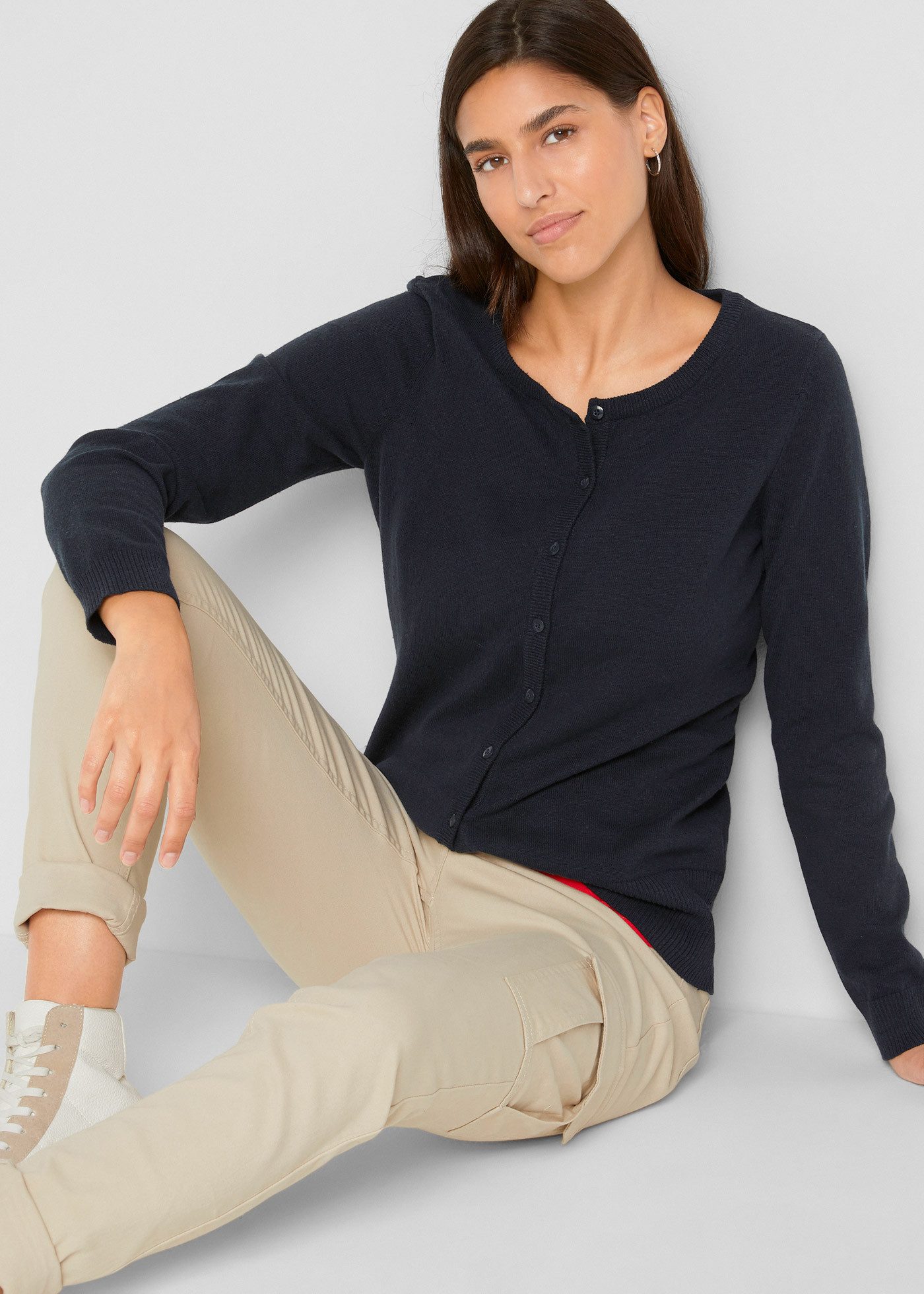 bonprix Strickjacke gerade Passform, unifarben, aus Baumwollmischung, mit Knopfleiste